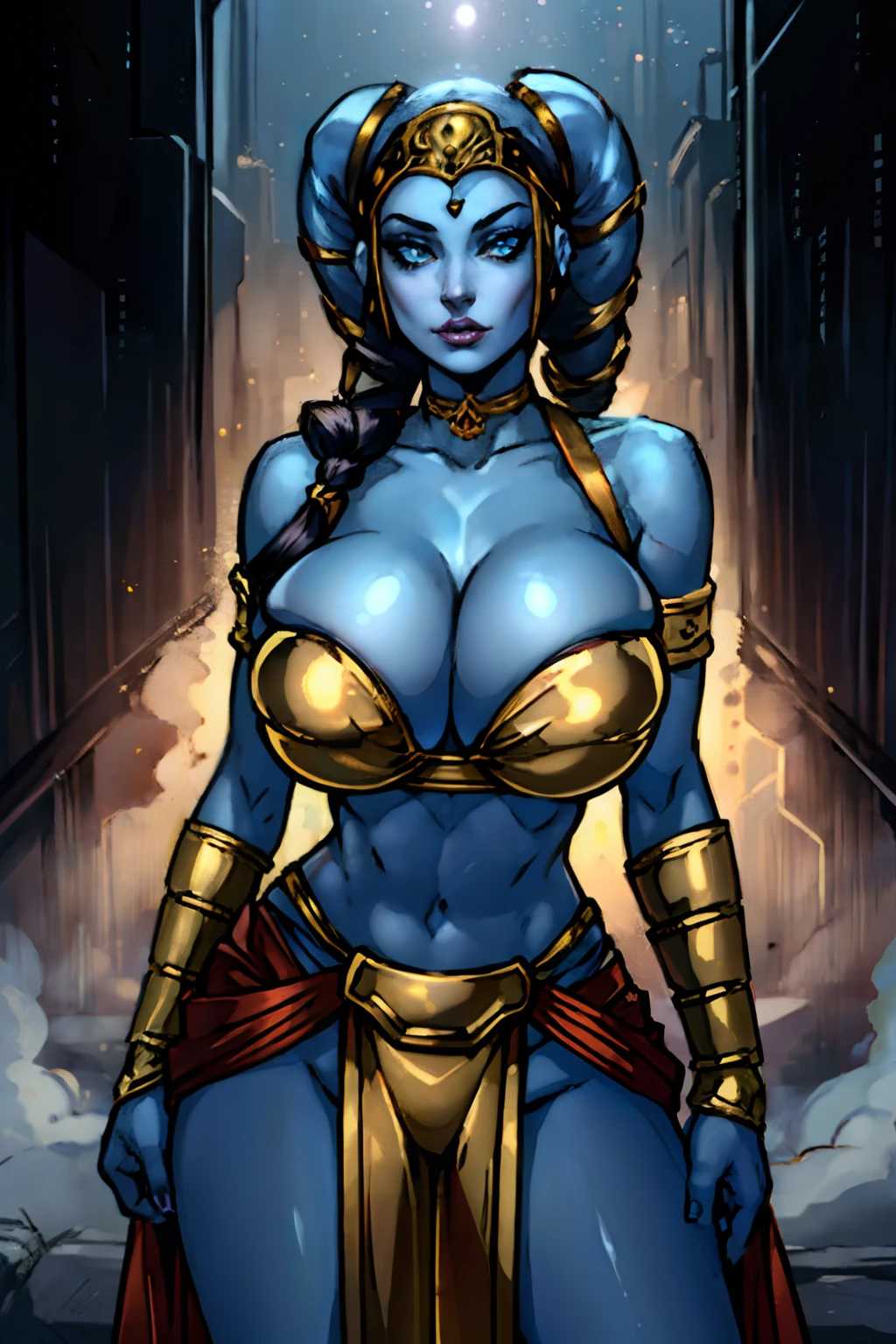 (masterpiece:1.2, best quality:1.2, beautiful, high quality, highres:1.1, aesthetic), detailed, extremely detailed, ambient soft lighting, 4K, perfect eyes, perfect face, perfect lighting, 1girl, (((blue skin)), twi'lek), (gold metal bikini, gold, ornate metal bra, criss cross straps, metal lace, gemstones, silver jewelry, long skirts, choker, armlets, pelvic curtain, silks, ((busty), slender body, thin, slim sexy body, slim waist, (((gigantic breasts), big cleavage, skindentation))), Imperial city, Star Wars,