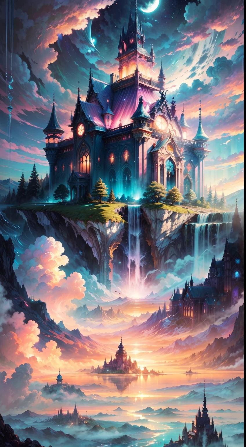 Envision a mesmerizing scene of a magnificent realm of romantic dreams. The environment is filled with intricate floating islands, fluffy clouds, waterfalls cascading from the floating islands, and a vibrant, surreal atmosphere. The atmosphere is filled with a sense of wonder and tranquility. Include many shades of pink in the image along with other vibrant jewel-toned hues. This scene will be depicted in an anime-style illustration, with soft lines, pastel colors, and a whimsical touch. All buildings are extremely detailed and elegant. The artwork will capture the ethereal beauty and tranquility of the dreamlike realm, creating a sense of harmony and escape from the ordinary world. Include teal water, colorful watercolor skies, glowing elements, and many small fantasy details including iridescence, expertly created majestic landscapes, and shimmer and glimmer. Above all else, this should look like a fantasy artwork.