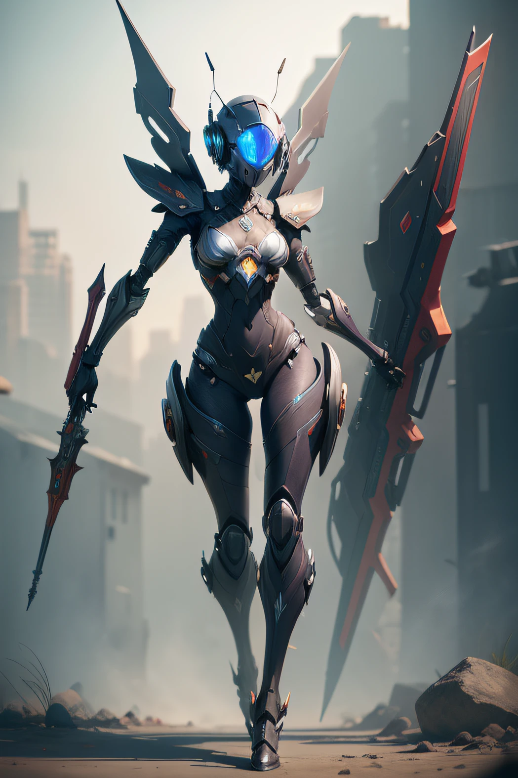1 female character, full body shot, MOBA game, Sci fi theme, DPS archetype, skinny body, insect features, robot-like, insect helmet, big weapon