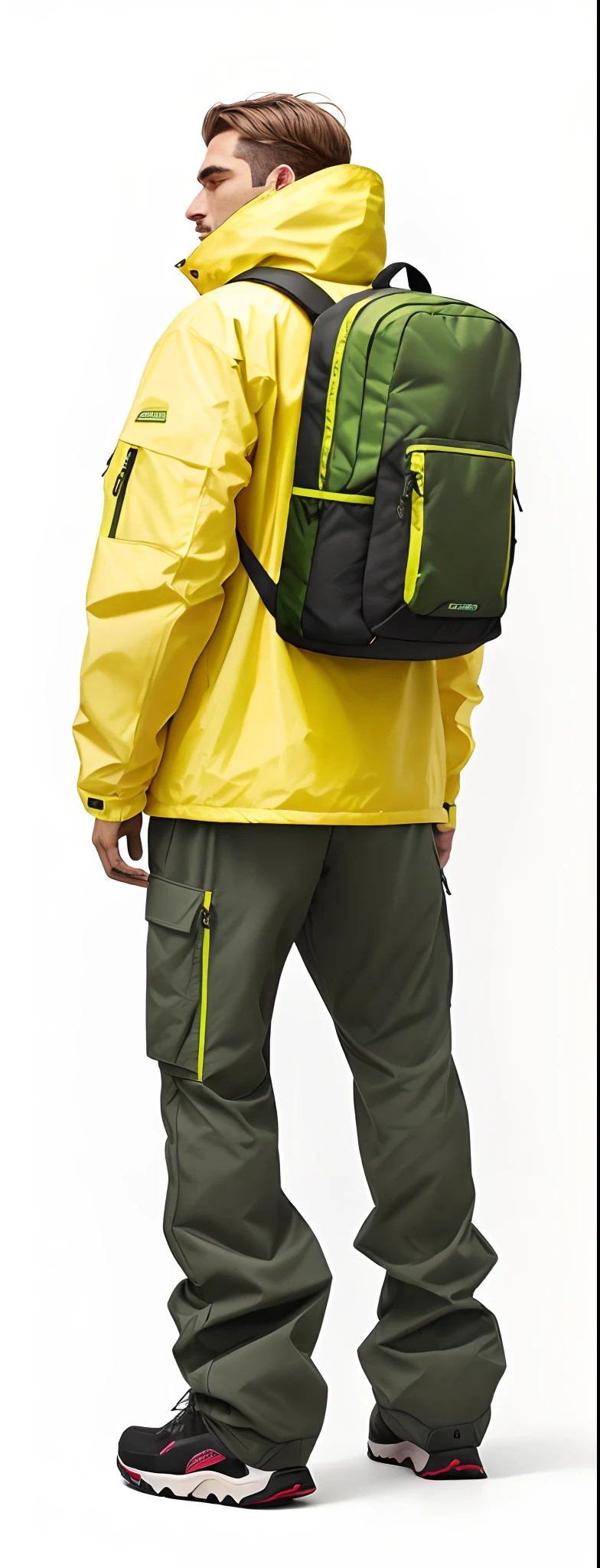 Man in yellow jacket and green pants with backpack, um homem usando uma mochila, usando equipamento de aventura, roupas de caminhada, 🤬 🤮 💕 🎀, Vista de altura total, com uma mochila, saco sobre a cintura, Techwear Look e Roupas, esquema de cores amarelo e oliva, imagem vazada, pano de fundo, trending on r/techwearclothing