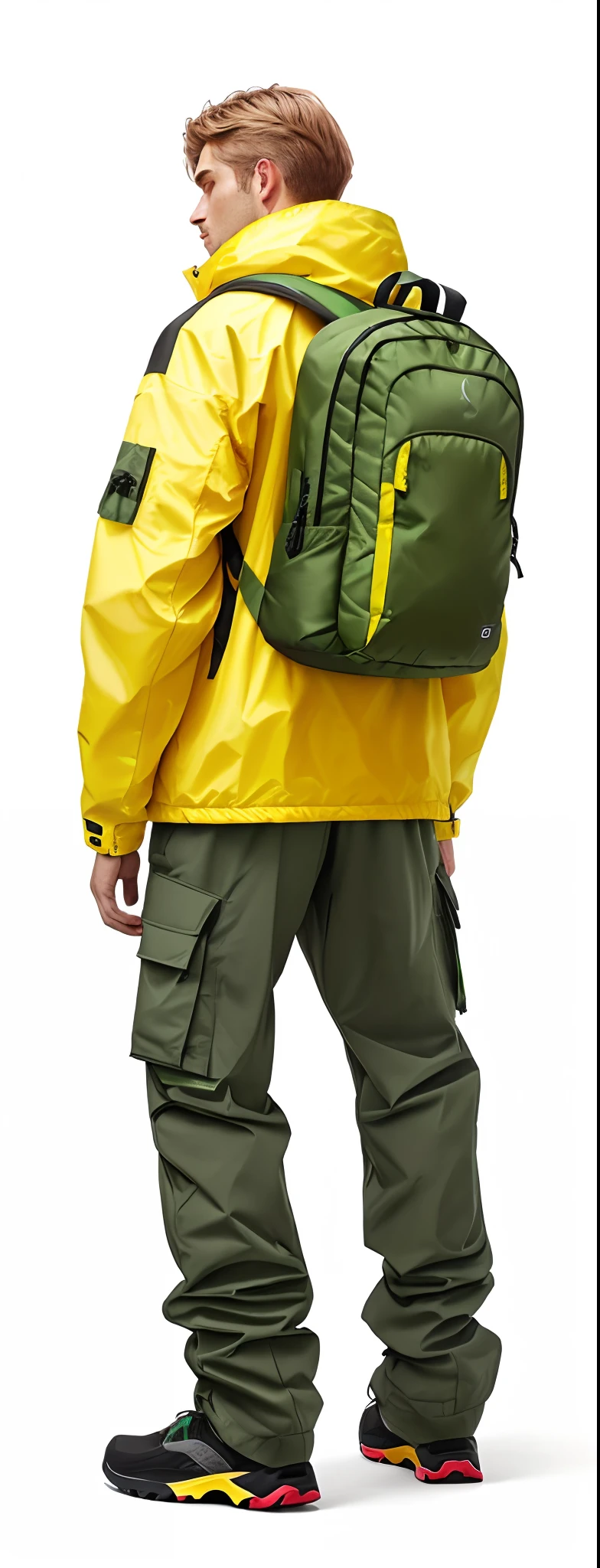 Man in yellow jacket and green pants with backpack, um homem usando uma mochila, usando equipamento de aventura, roupas de caminhada, 🤬 🤮 💕 🎀, Vista de altura total, com uma mochila, saco sobre a cintura, Techwear Look e Roupas, esquema de cores amarelo e oliva, imagem vazada, pano de fundo, trending on r/techwearclothing