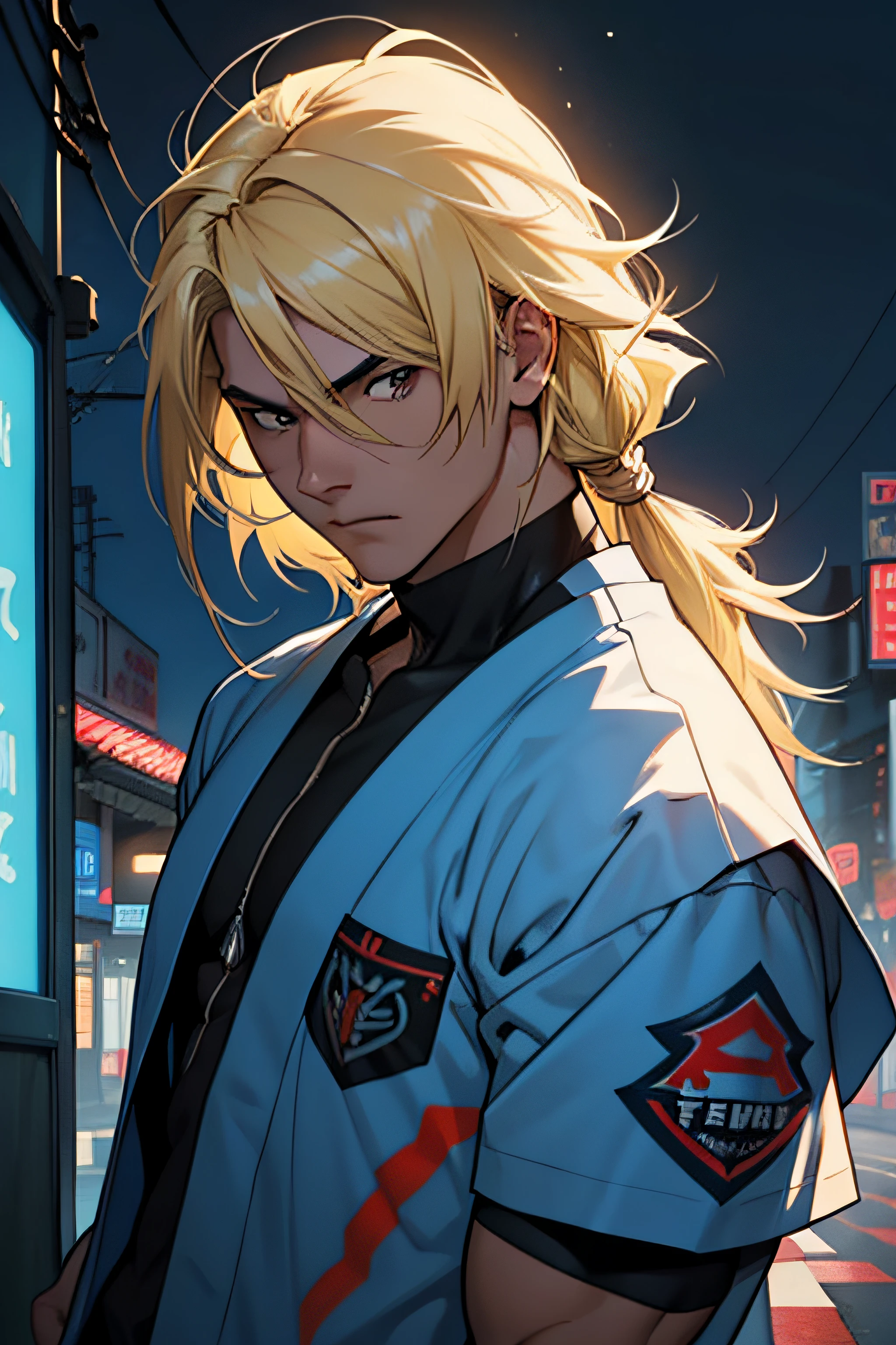 Thunder, Homem corpo adulto, ((cabelo blond)), roupas Satoru gojou, fundo neon, cabelo longo, mastigando chiclete, sentado no bar, thunder, thunder