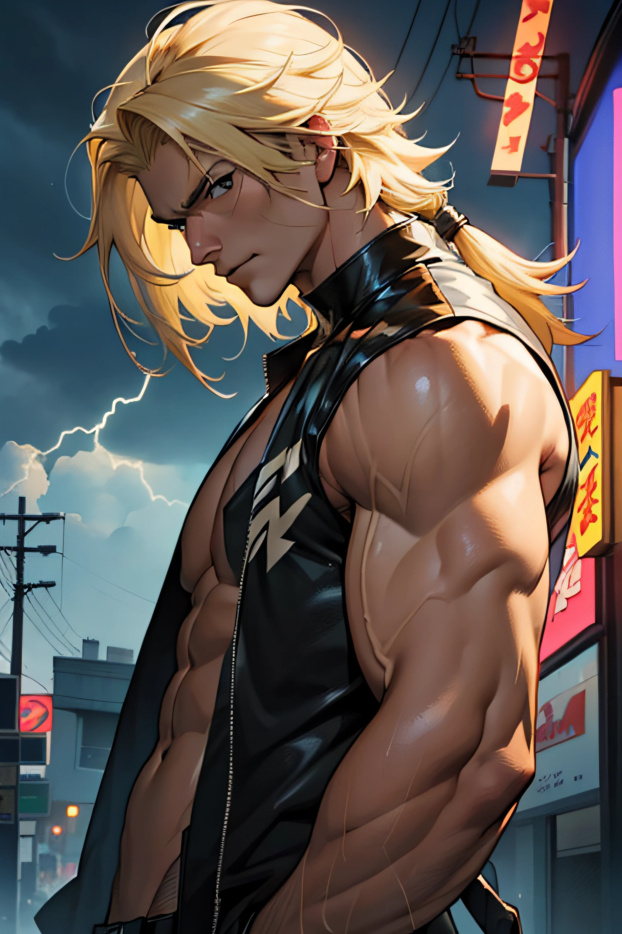Thunder, Homem corpo adulto, ((cabelo blond)), roupas Satoru gojou, fundo neon, cabelo longo, mastigando chiclete, sentado no bar, thunder, thunder