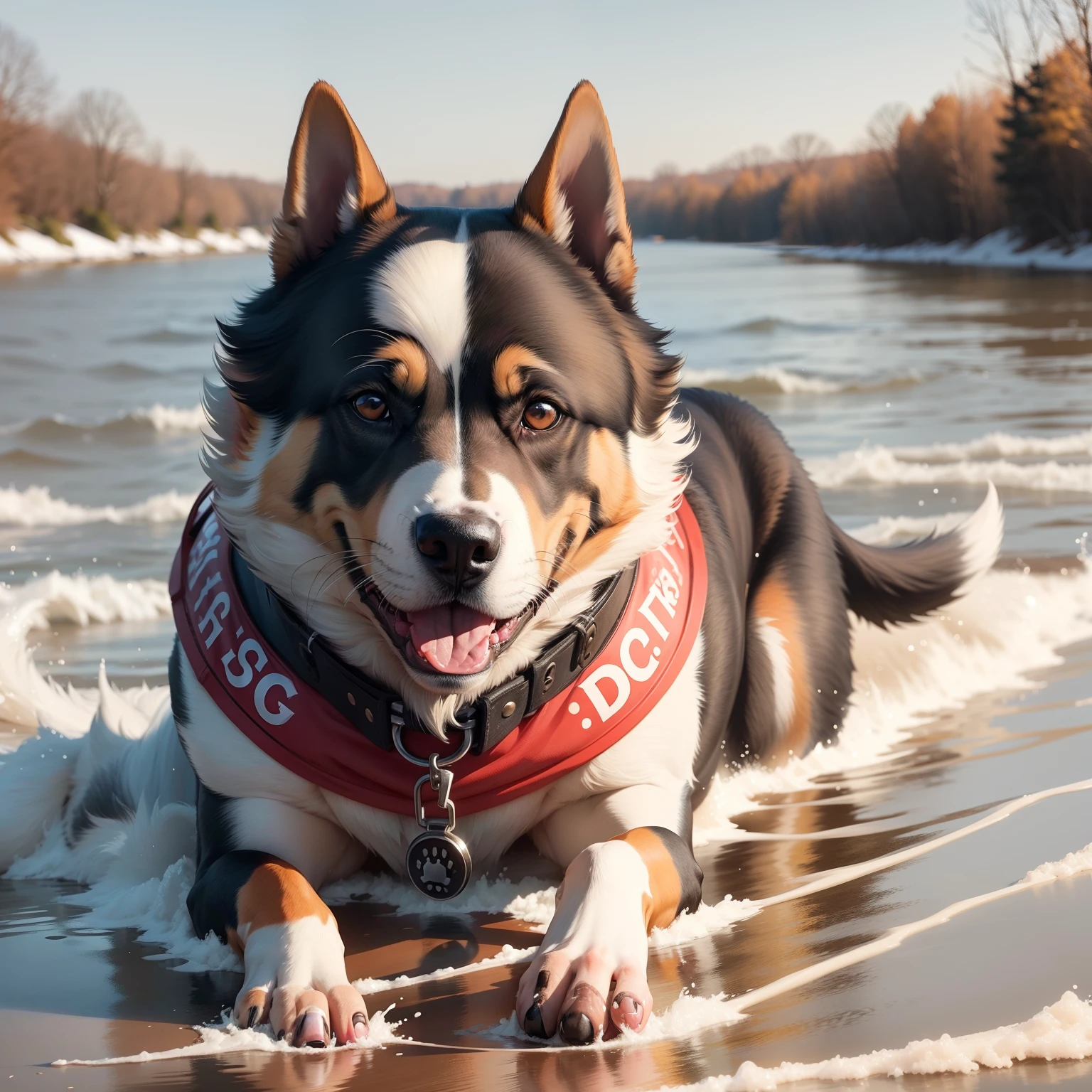 (1dog on the river,high quality,realistic,perfect dog anatomy)