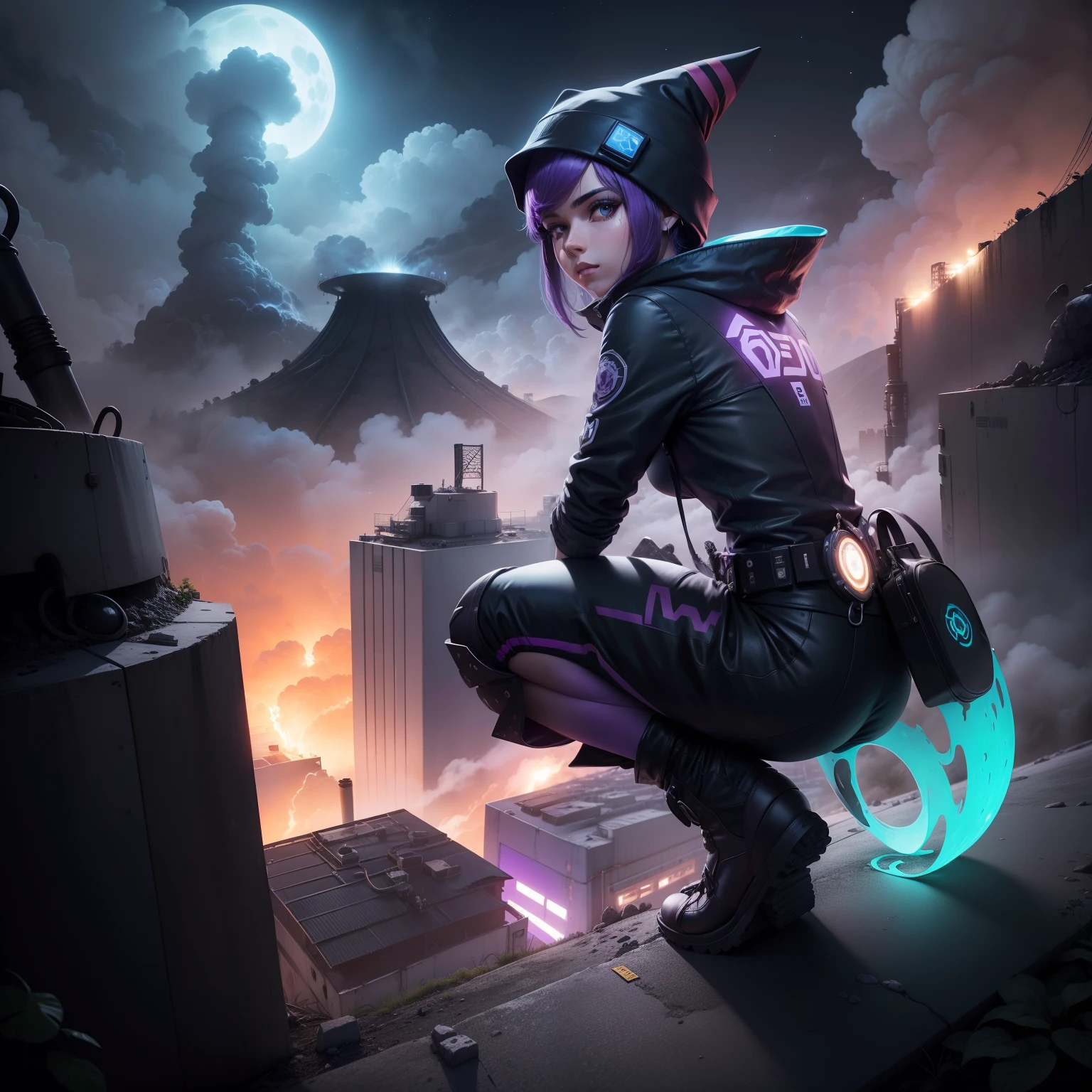 Personagem Venon, modificado,com asa,roxo,On top of a Bitcoin mining plant,nuclear, toxic,nuvem,neblina,noite lua roxa,bomba,fogo,