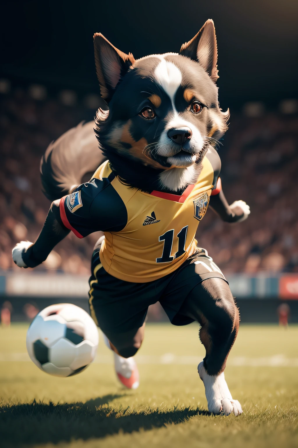 A humanoid dog playing soccer for you.
Imagine a dog with a human-like appearance, but with canine characteristics, como focinho e orelhas de cachorro. He has a height similar to that of a human being, cerca de 1,70 metro, and an athletic body structure.
O cachorro humanoide tem um pelo brilhante e macio, with a unique color combination, como marrom e preto. He wears a football shirt with the number 10 on the back and a pair of matching shorts. His feet have sharp claws, perfeitas para dominar a bola.
He's agile and fast, showing impressive skills with the ball at his feet. His ball control is exceptional, Dribbling opponents with ease. Com um chute poderoso, ele consegue marcar gols precisos e impressionantes.
This humanoid dog is a real football star, bringing fun and entertainment to all sports lovers.