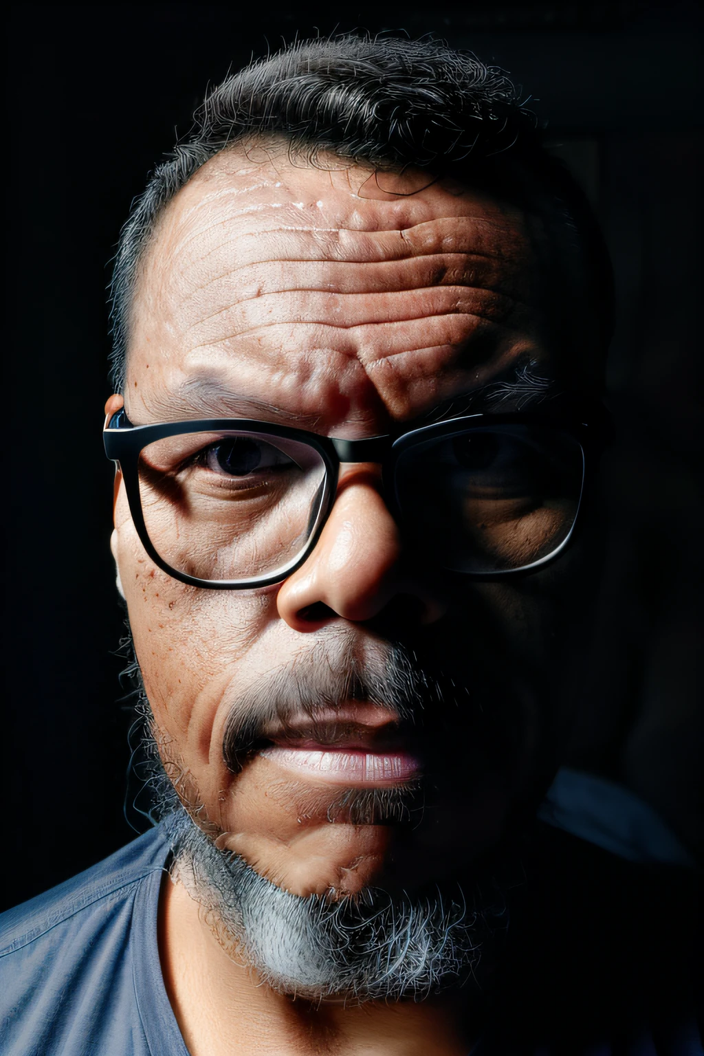 guttonerdvision10, portrait of a man with glasses, black background, (Highly Detailed Skin:1.2), 8k UHD, DSLR, Soft Lighting, High Quality, Film Grain, Fujifilm XT3