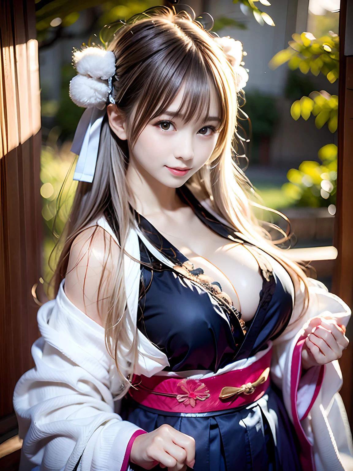 top-quality、masterpiece、超A high resolution、(Photorealsitic:1.4)、Raw foto、1 girl in、((white hair))、full body Esbian、large full breasts、Ultra exposed cleavage、erotick、Erotic look、gargantilha、二重まぶた、Loose and fluffy perm、semi long hair、Pleated skirt with slit、Staring at us with your whole body、Close up in black and white kimono, sōsaku hanga, hakama kimono, Anime Cosplay, Onmyoji, Komono,, high quality costume, intricate hakama, flowing magic robe, bath robe, japanese kimono、((age Korean schoolgirl))、((Korean Female Idols))++、((human girl))、((a baby face))、Fluffy kimono、Image of a beautiful college student、