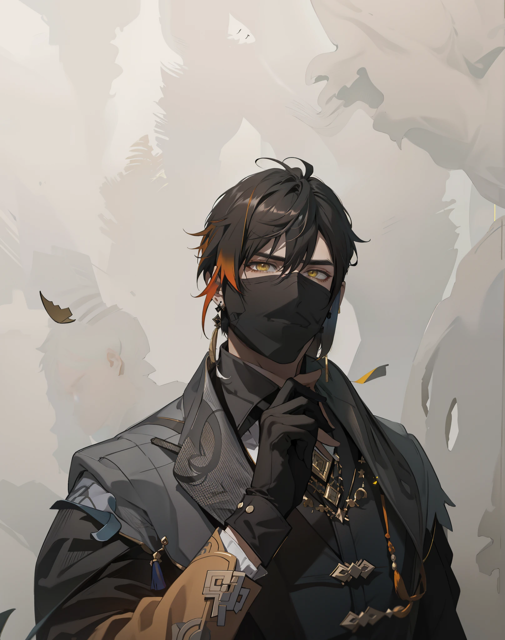 asterpiece, best quality,zhongli (genshin impact), male focus, jewelry, long hair, 1boy, solo, earrings, bangs, gloves, ponytail, black gloves, multicolored hair, brown hair, hair between eyes, single earring,  jacket, tassel earrings, long sleeves, tassel, looking at viewer, yellow eyes, glowing eyes, gradient hair, suit, black hair,  (grey background:1.4),(kbxll:0.6)