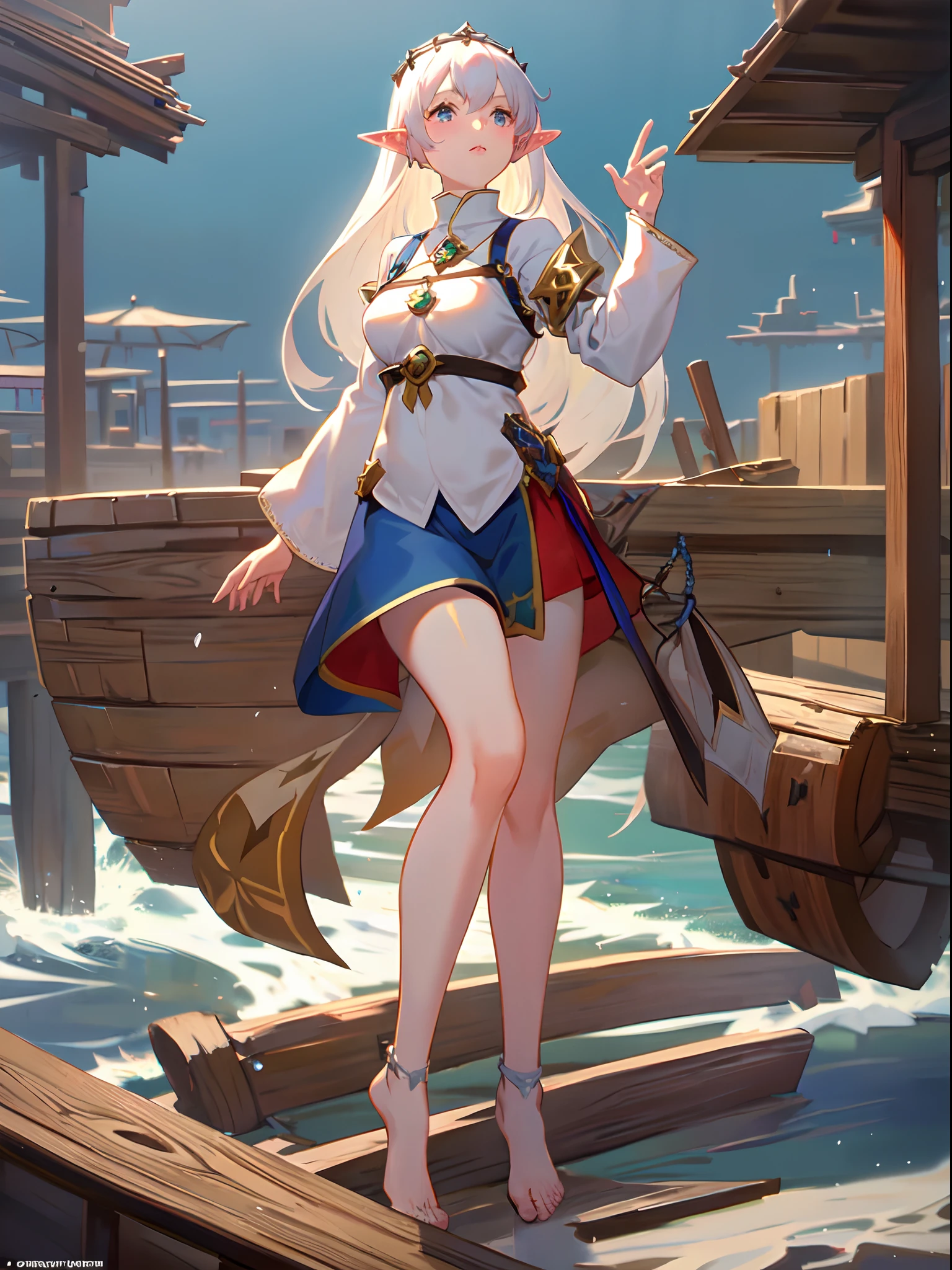 elf girl at the pier, (high fantasy, medieval:1.4), feudal society, lake town, waterfront, wooden boats,upper body, hands up