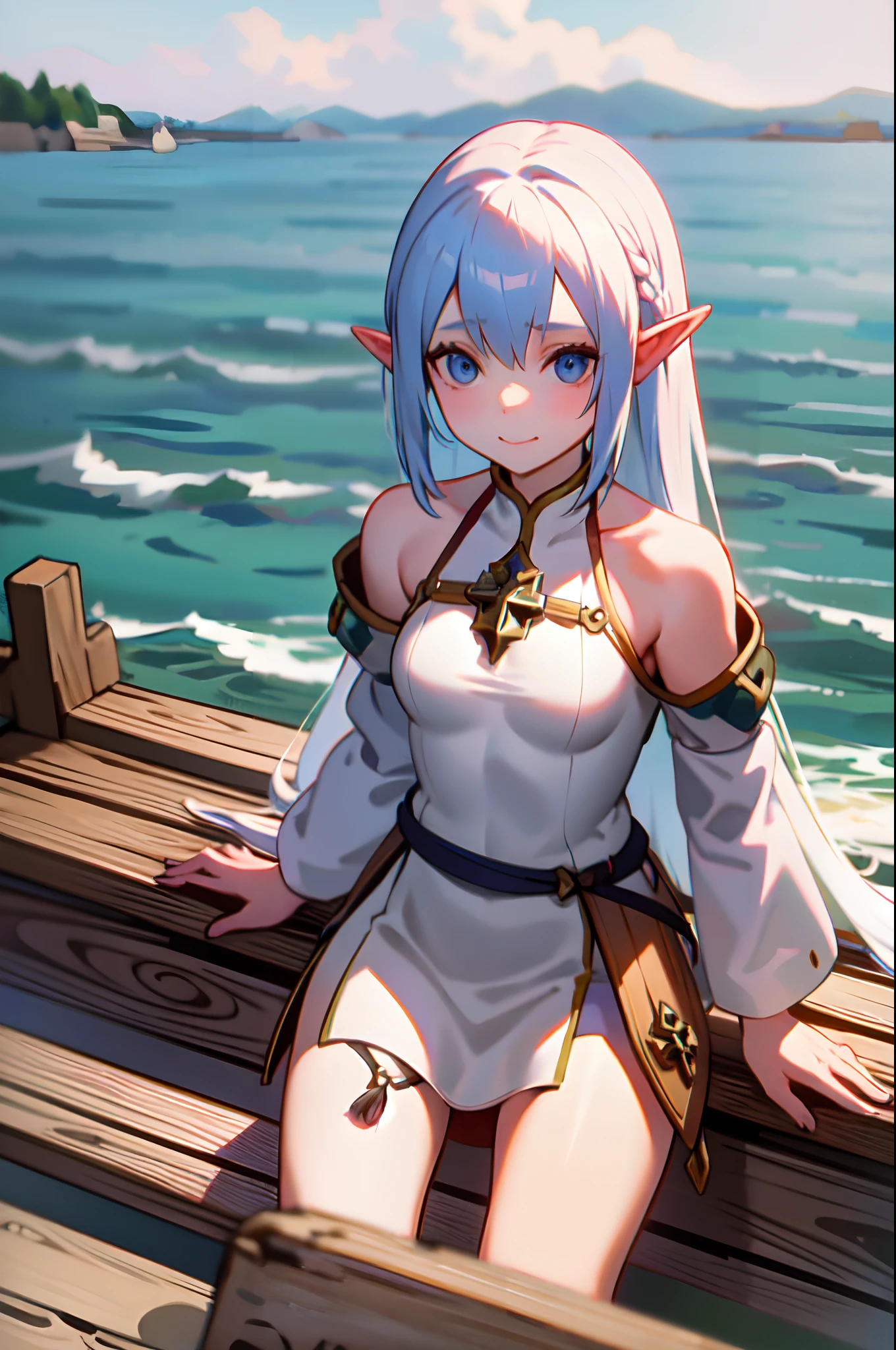 elf girl at the pier, (high fantasy, medieval:1.4), feudal society, lake town, waterfront, wooden boats,upper body