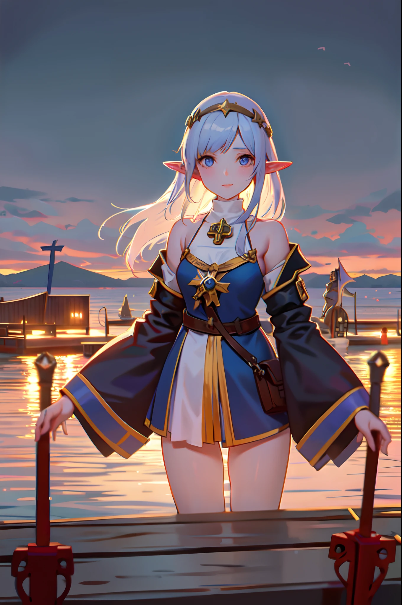 elf girl at the pier, (high fantasy, medieval:1.4), feudal society, lake town, waterfront, wooden boats,upper body