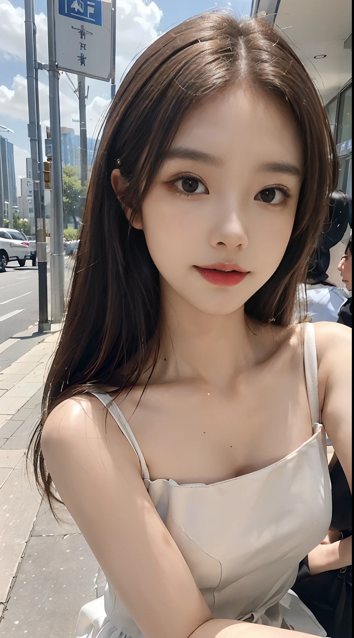 ((Best picture quality, 8K, tmasterpiece: 1.3)), self-shot, Sharp focus: 1.2, A cute beauty with a perfect figure: 1.4, Slim big breasts, ((Brown hair black)) , (Small flesh-colored dress,Highly detailed face,Happy expression,standing on your feet:1.2),((A city with blue skies and white clouds,At the cafe:1.3. Produced with a major focus on women)),Highly detailed facial and skin texture,Detailed eyes,二重まぶた