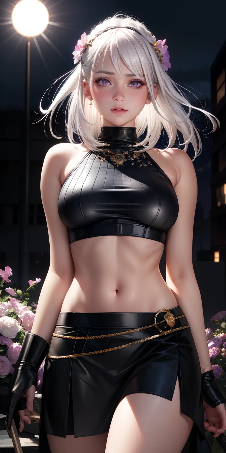 realistic, 1girl, white hair, purple eyes, glowing eyes, crop top, skirt, parted lips, blush, night, flowers, sun, sunlight,
