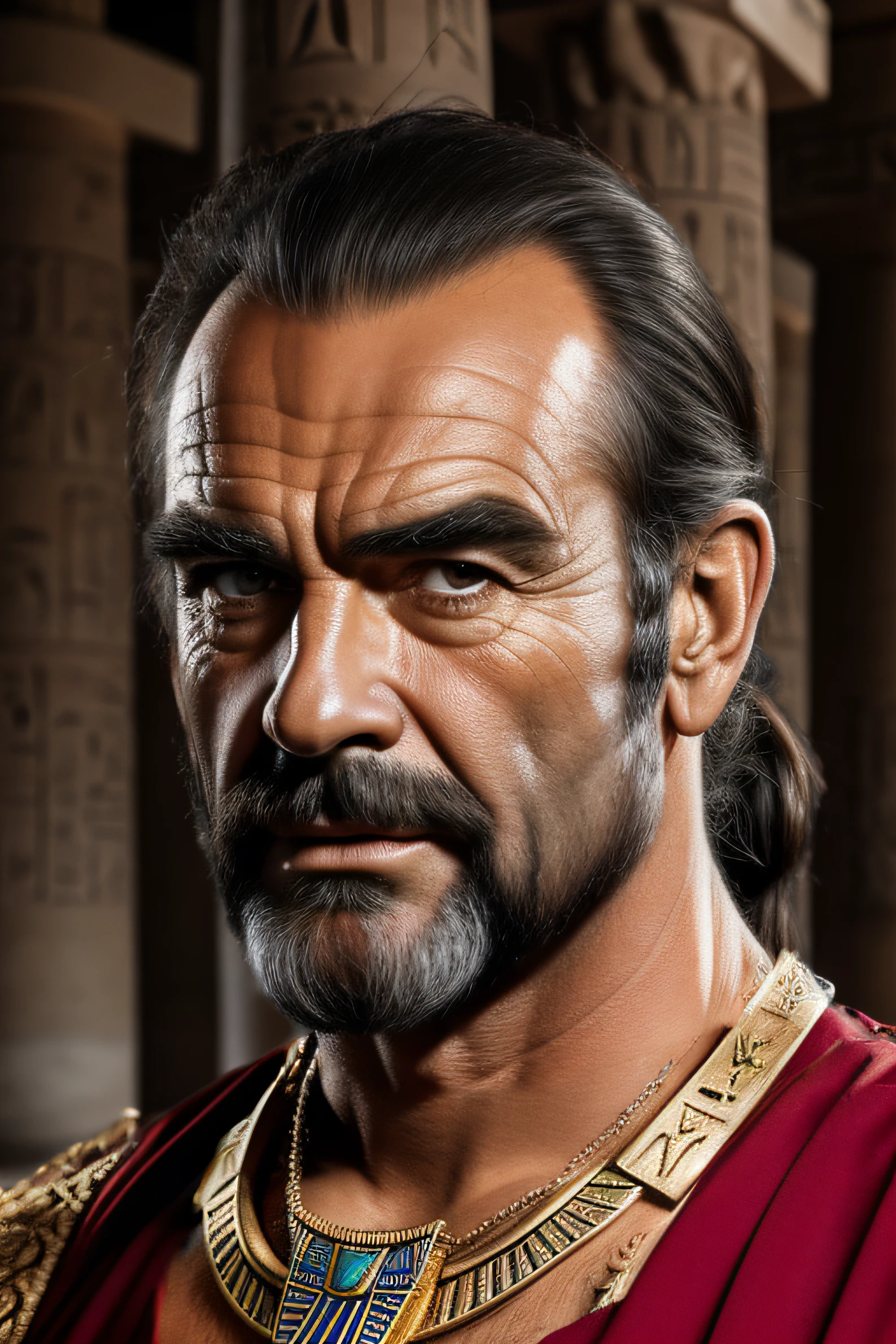 "Replace the background with ancient Egyptian columns, raw photo, depth of field, sunlight."