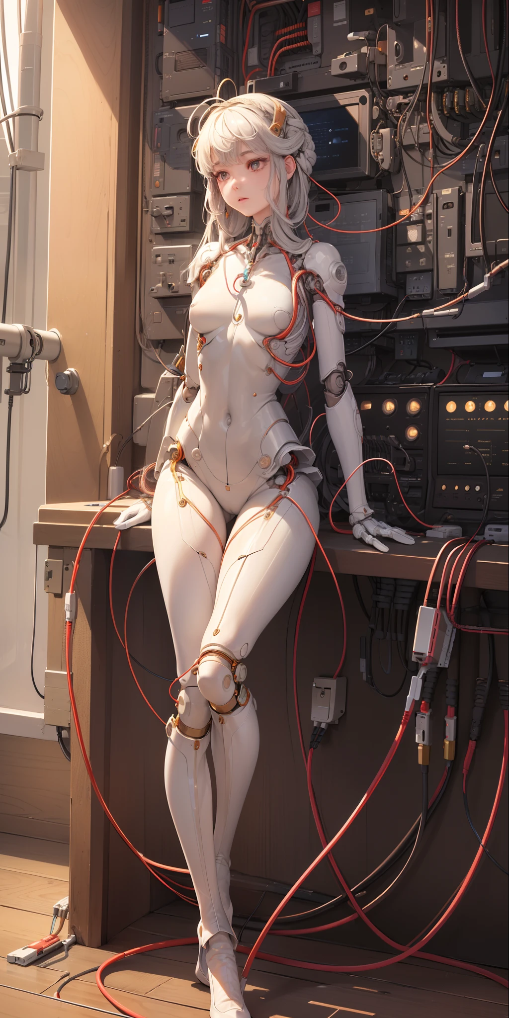 (((masterpiece))), ((((best quality)))), (((ultra-detailed))), (highly detailed CG illustration), ((an extremely delicate and beautiful)),(cute delicate face),cinematic light,((1mechanical girl)),solo,full body,(machine made joints:1.4),((machanical limbs)),(blood vessels connected to tubes),((mechanical vertebra attaching to back)),((mechanical cervial attaching to neck)),((sitting)),expressionless,(wires and cables attaching to head and body:1.5),(character focus),science fiction