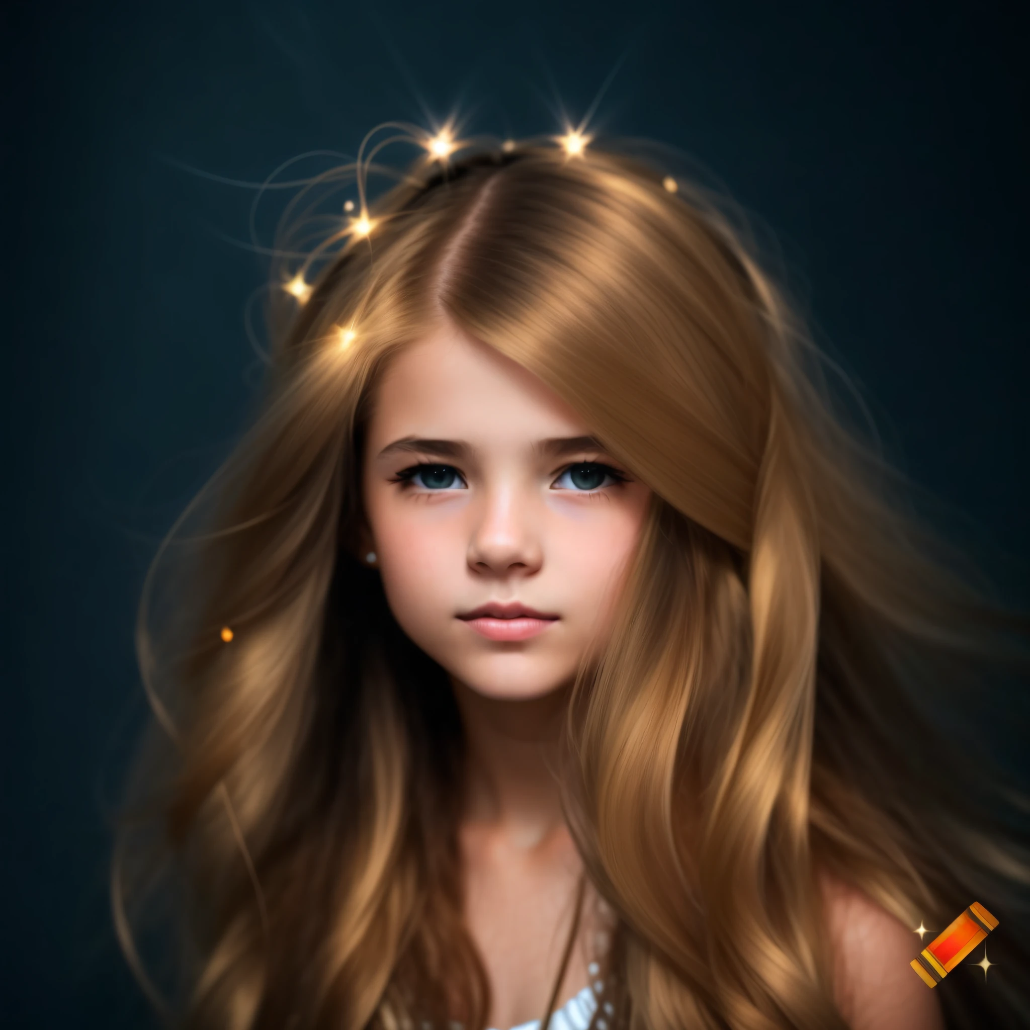 A closeup of a young woman with long hair and lights on her head, girl with magical powers, painting digital adorable, Directed by: Hristofor Zhefarovich, portrait of magical young girl, glowing flowing hair, magic lighting overlays, menina bonita, luzes brilhantes! pintura digital, fiber optic hair, menina bonito, cabelos eletrificados, flowing glowing hair