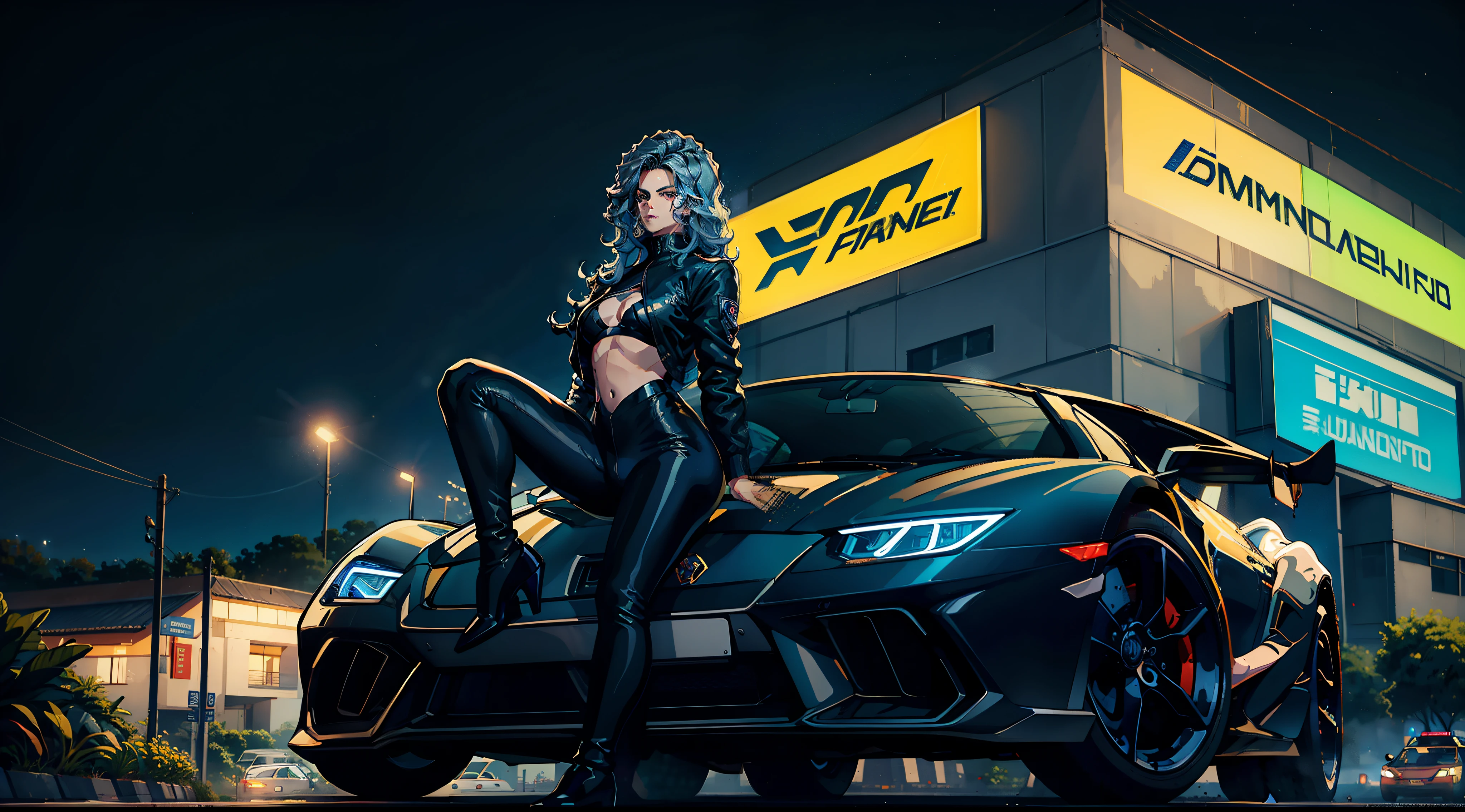 1 garota, black pant, top azul, jaqueta amarela, saindo de um Lamborghini, no fundo uma cidade, com luzes neon, ambiente noturno, (melhor qualidade, obra-prima1.2), (olho detalhado: 1.2), detalhe complexo, profundidade de campo