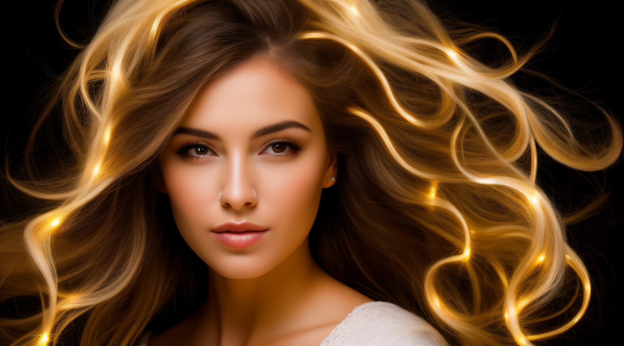 A closeup of a young woman with long hair and lights on her head, little girl with magical powers, painting digital adorable, Directed by: Hristofor Zhefarovich, portrait of magical young girl, glowing flowing hair, magic lighting overlays, menina bonita, luzes brilhantes! pintura digital, fiber optic hair, menina bonito, cabelos eletrificados, flowing glowing hair