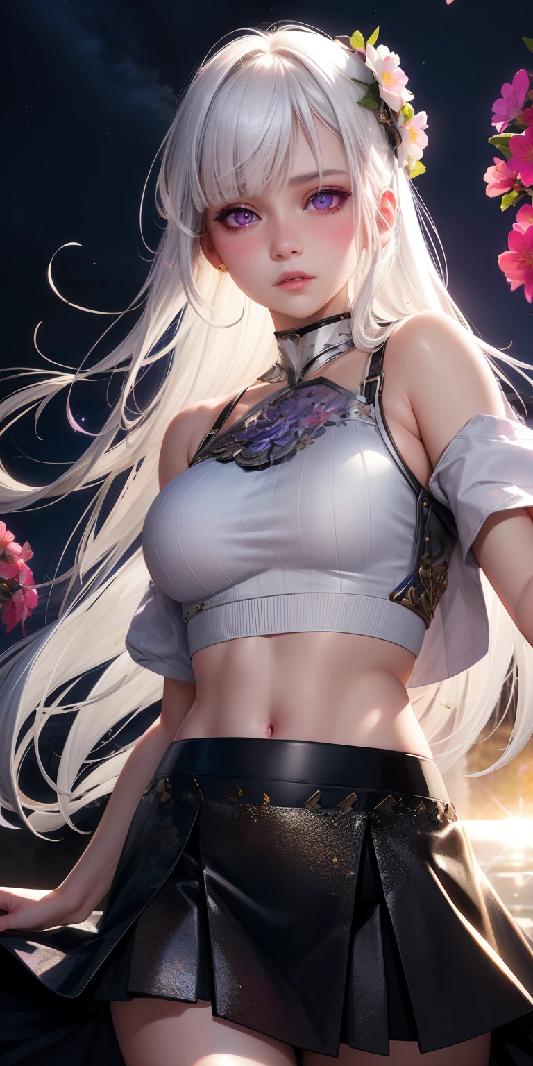 realistic, 1girl, white hair, purple eyes, glowing eyes, crop top, skirt, parted lips, blush, night, flowers, sun, sunlight,