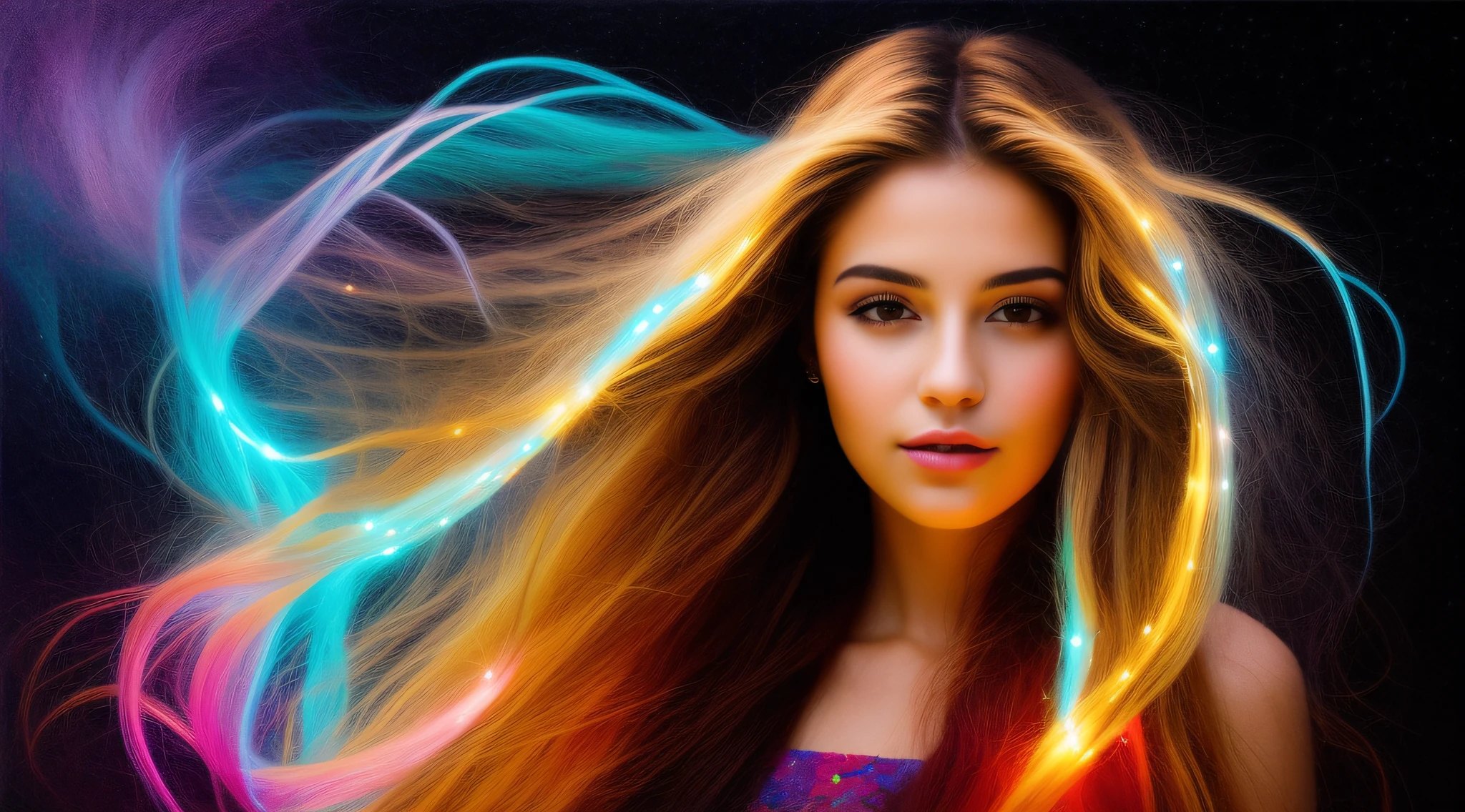 A closeup of a young woman with long hair and lights on her head, little girl with magical powers, painting digital adorable, Directed by: Hristofor Zhefarovich, portrait of magical young girl, glowing flowing hair, magic lighting overlays, menina bonita, luzes brilhantes! pintura digital, fiber optic hair, menina bonito, cabelos eletrificados, flowing glowing hair