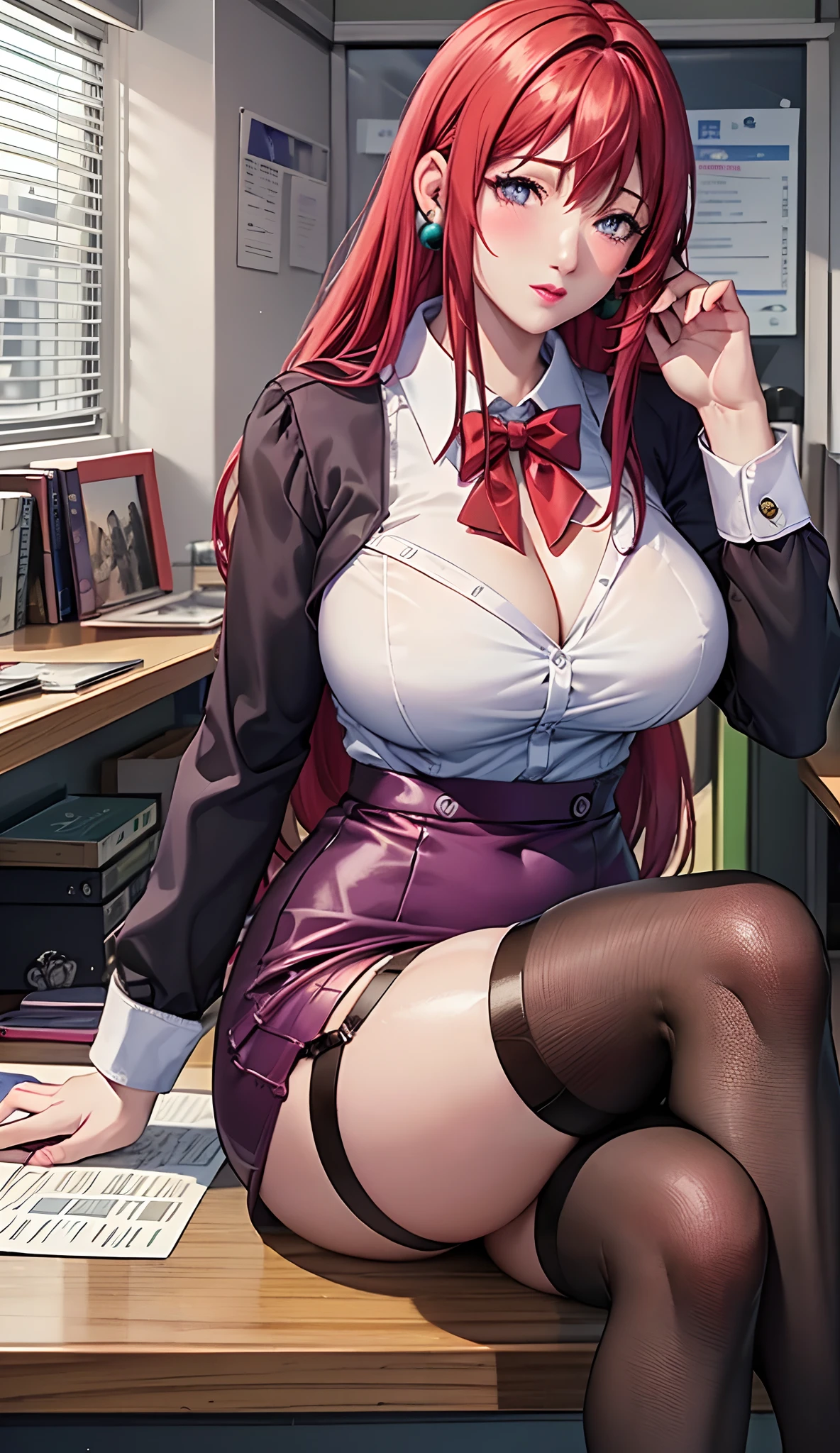 (Masterpiece, Best Quality, High Quality:1.4), professional artwork, Intricate Details, field of view, sharp focus, detailed painting, masterpiece, cinematic lighting, trending on pixiv, (vivid lighting, vibrant colors, by Nagasawa Rosetsu:1.05),
Hiroko Takashiro, (mature female, milf:1.1), solo, (curvy:1.1), sitting on an office desk with crossed legs, office, (full body shot:1.1),
(red hair:1.05), long hair, lipstick, makeup, ultra detail hair, ultra detail face, (purple eyes:1.05), perfect eyes, perfect face, earrings, (confused, blush:1.2),
shirt, jacket, (black thighhighs, garter belt:1.1), zettai ryouiki, pencil skirt, office uniform, highheels,
(Large Breasts:1.1), Cleavage, big ass, thighs,