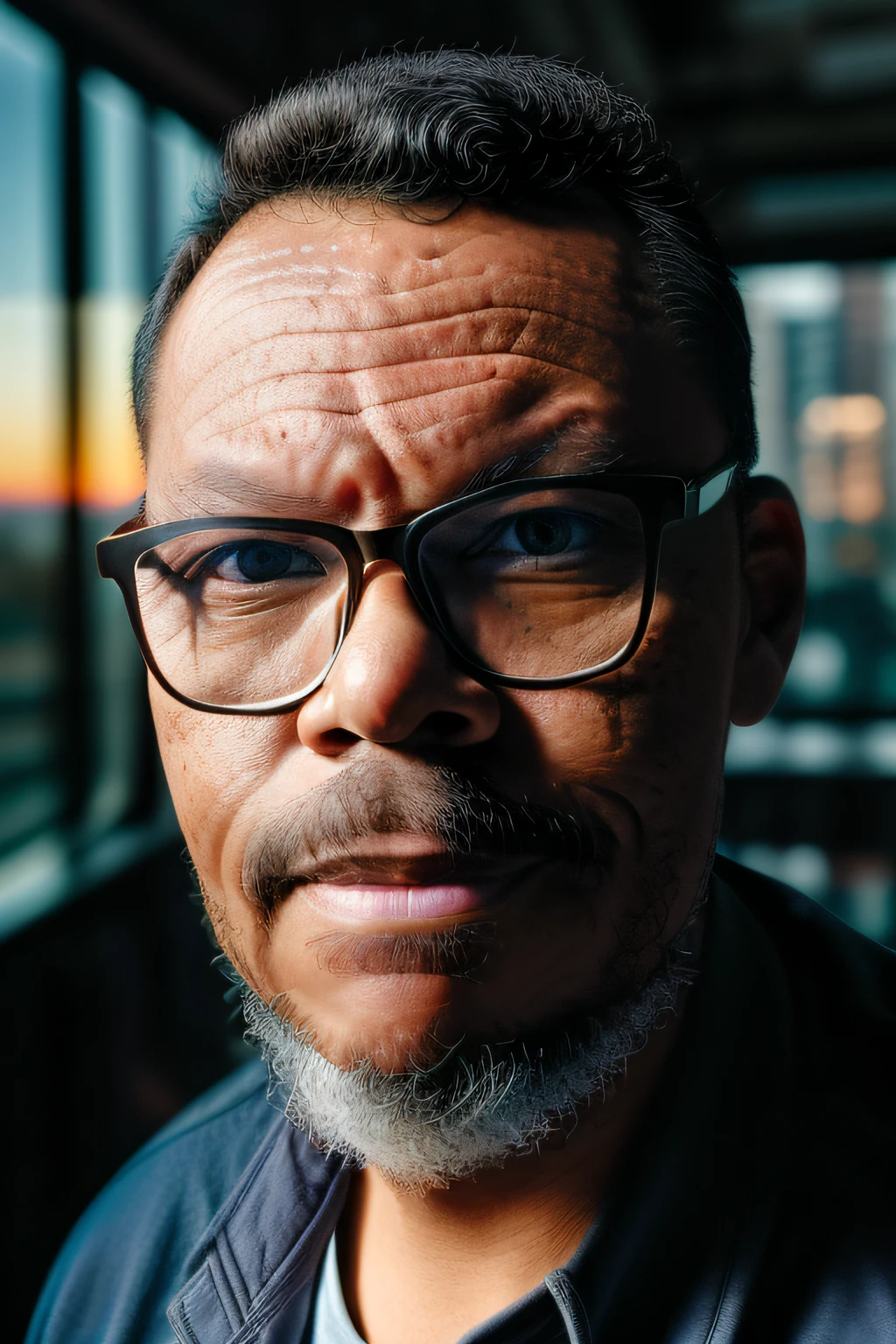 guttonerdvision10, portrait of a man with glasses, sunrise, city background, (Highly Detailed Skin:1.2), 8k UHD, DSLR, Soft Lighting, High Quality, Film Grain, Fujifilm XT3