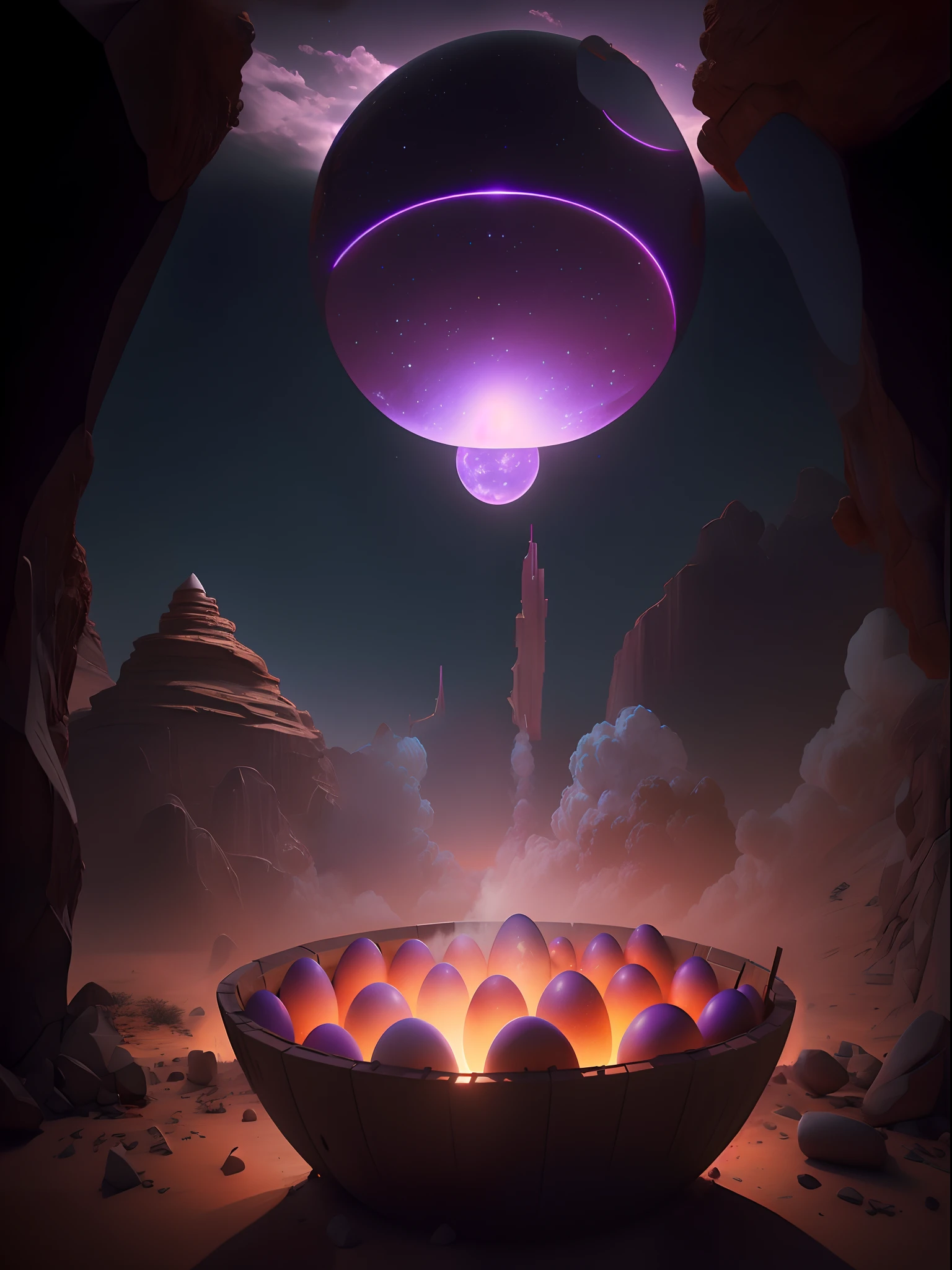 There is a bowl of eggs in the middle of the desert, (rendering by octane) Fantasy style, surreal concept art, in the art style of filip hodas, surreal sci fi set design, artgem and beeple masterpiece, Beeple e Tim Hildebrandt, 3 d render beeple, smelting pit'beeple