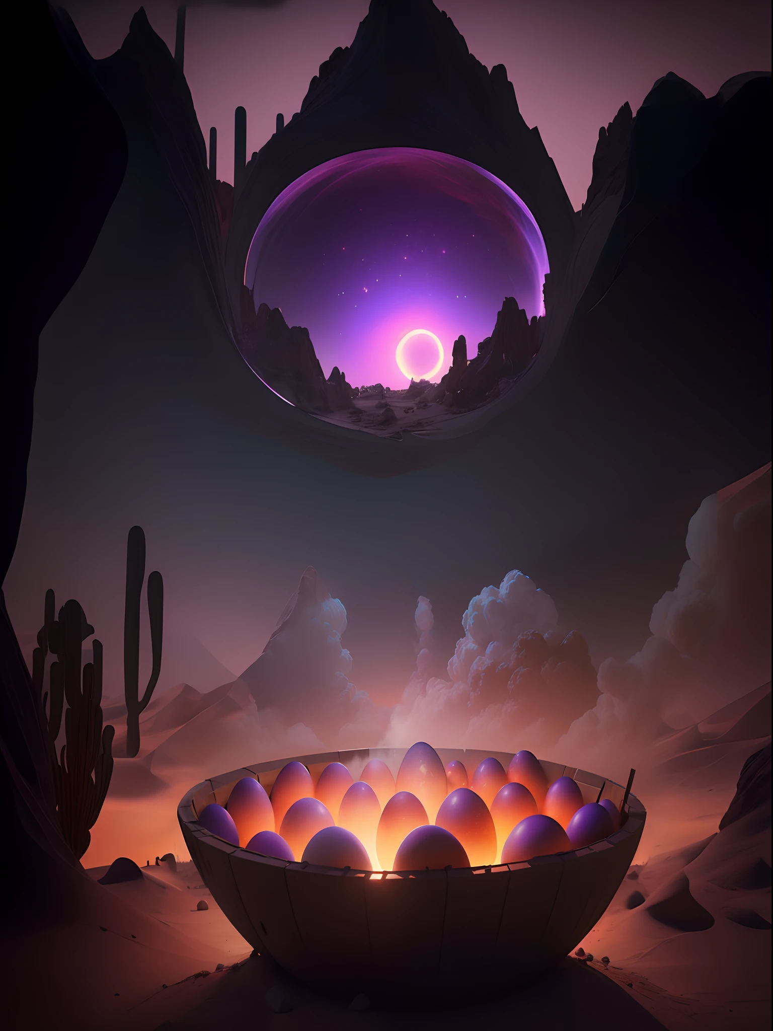 There is a bowl of eggs in the middle of the desert, (rendering by octane) Fantasy style, surreal concept art, in the art style of filip hodas, surreal sci fi set design, artgem and beeple masterpiece, Beeple e Tim Hildebrandt, 3 d render beeple, smelting pit'beeple