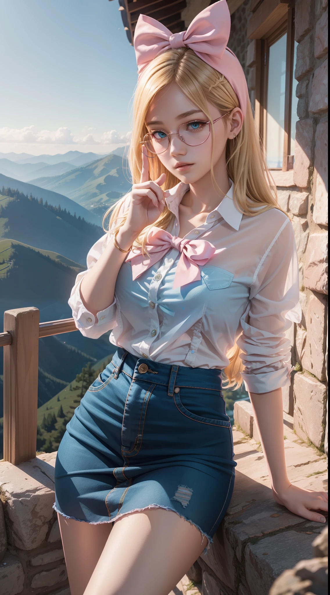 blond hairbl,A pink bow is worn on his head,Big blue glasses,Intellectual beauty,Student clothes,Gentle expression,photographrealistic,2:3 finger photos,hilltop,Beautiful peaceful natural landscape,Soft lighting,Best picture quality,3 D painting