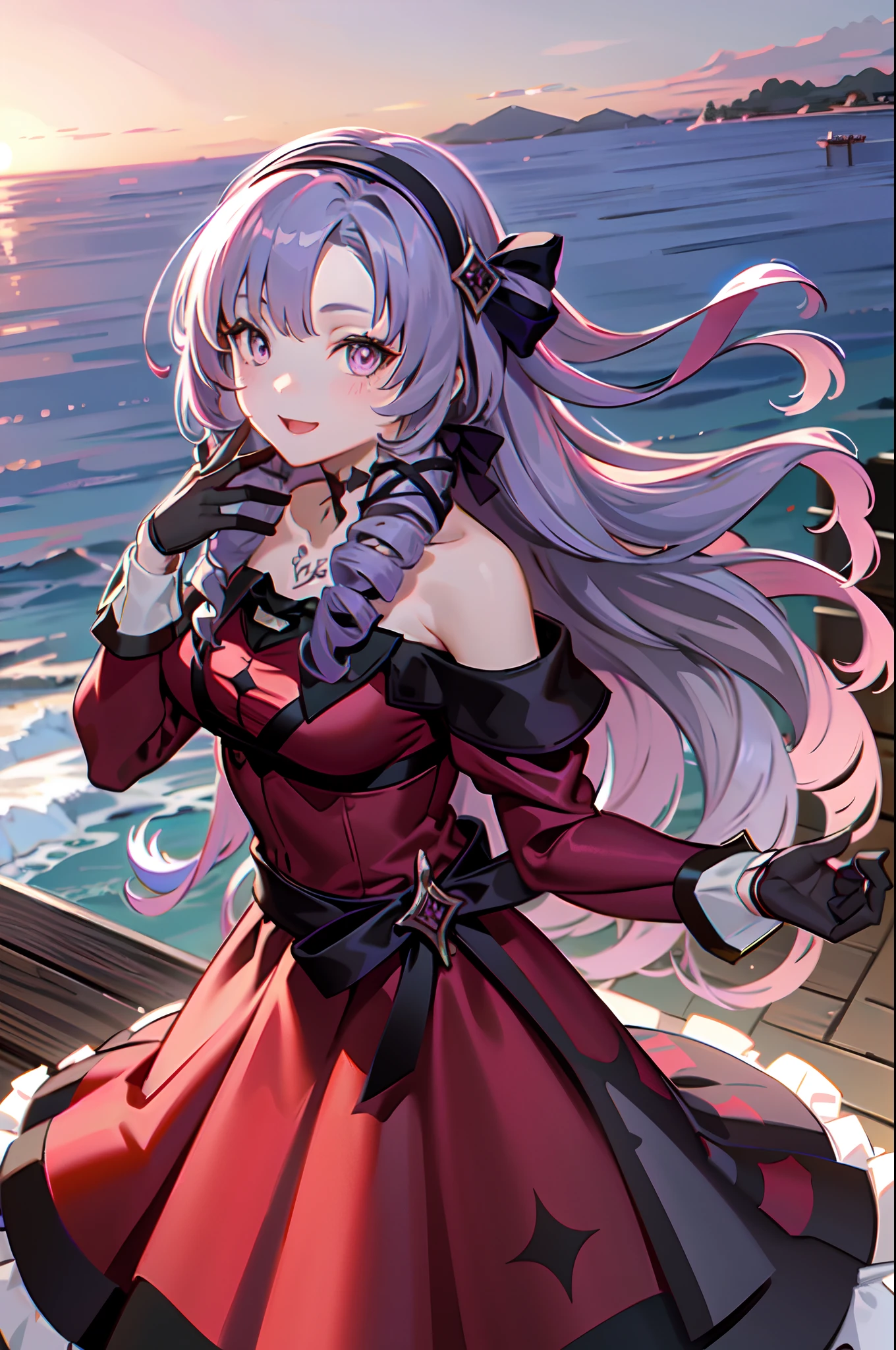 masterpiece, best quality, highres, hmsalome, drill hair, parted bangs, black hairband, ribbon, purple eyes, large breasts, tattoo, red dress, long sleeves, bare shoulders, black gloves, cowboy shot, ojou-sama pose, smile, open mouth, hand on own face,