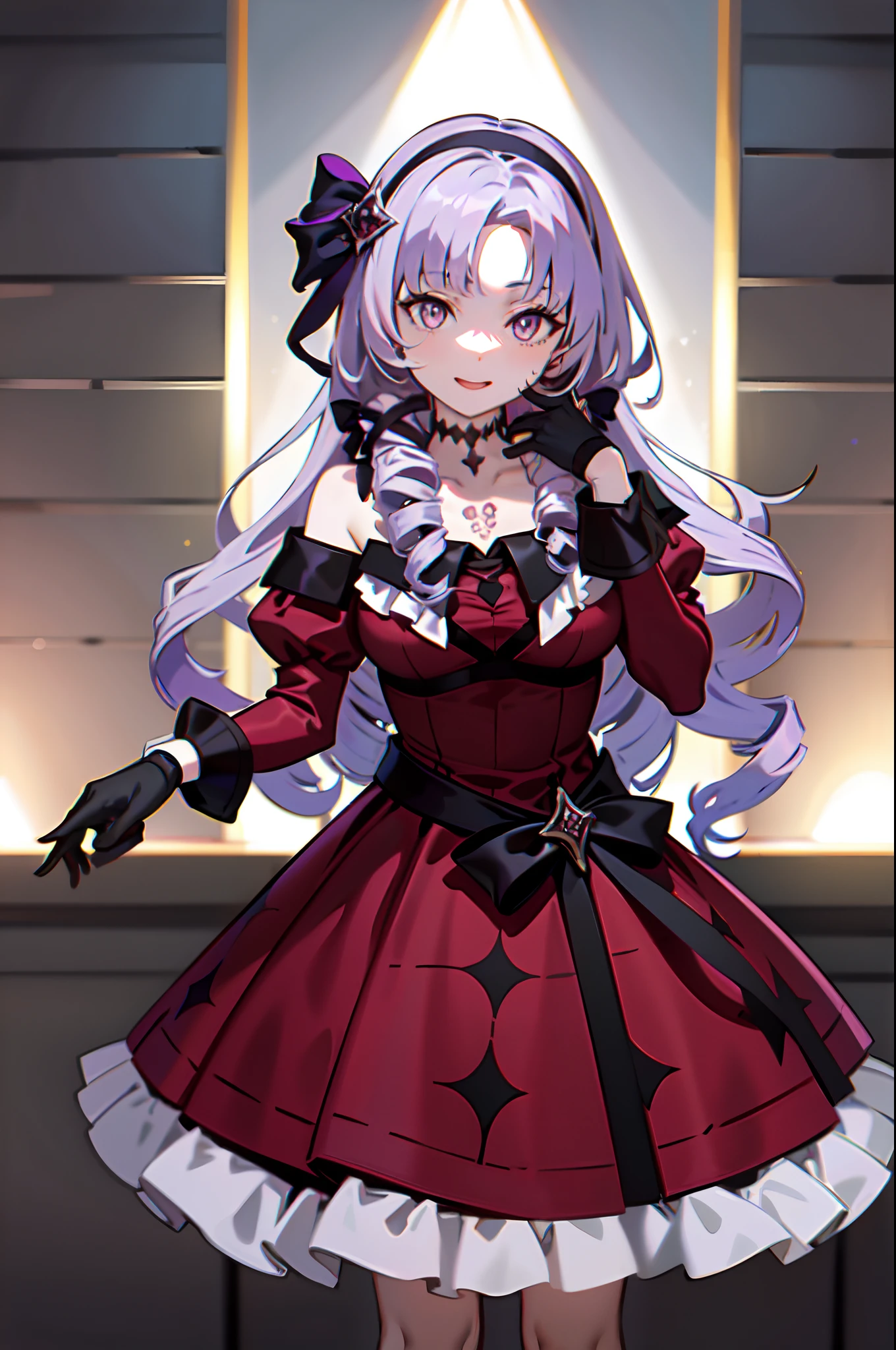 masterpiece, best quality, highres, hmsalome, drill hair, parted bangs, black hairband, ribbon, purple eyes, large breasts, tattoo, red dress, long sleeves, bare shoulders, black gloves, cowboy shot, ojou-sama pose, smile, open mouth, hand on own face,