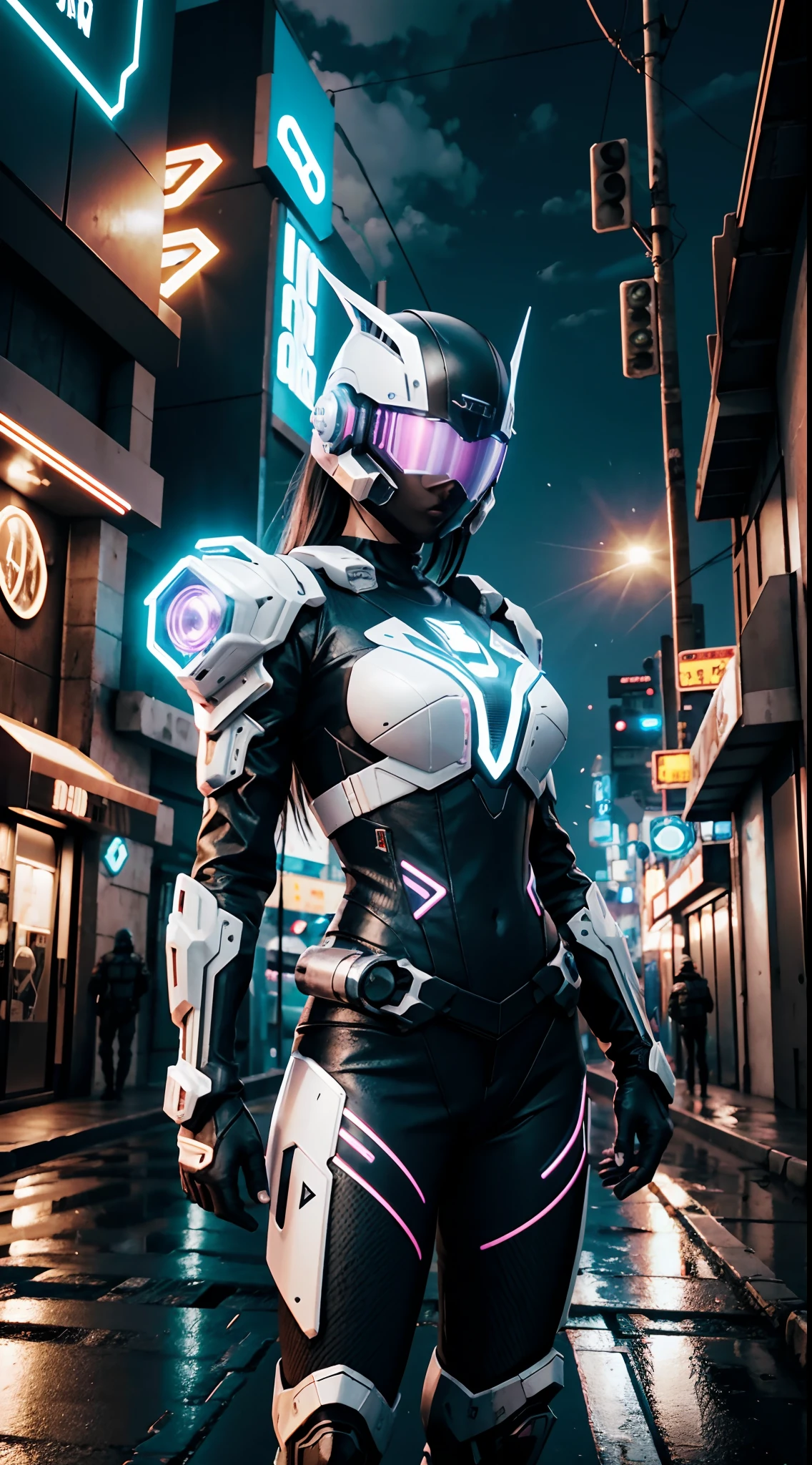 Ciborgue com viseira futurista, Oeste, armadura, e arma na rua, Cyberpunk, reflexos de luz neon, reflection mapping, hiper-realismo, fotorrealista, 8k, Motor irreal, 3d render --ar 9:16 --niji 5 --estilo expressivo --s 400