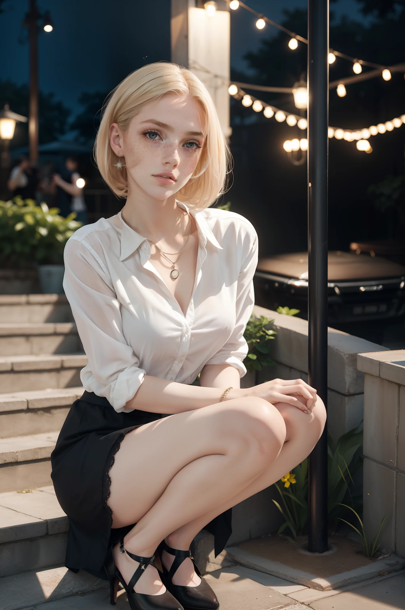 Rosto de uma mulher, americana, 20 anos, pale skin and freckles, olhos cinzas, nariz delicado, soft and delicate lips, cabelo blondie cinza longo e ondulado, ultrarrealista HD altamente renderizado fotorrealista