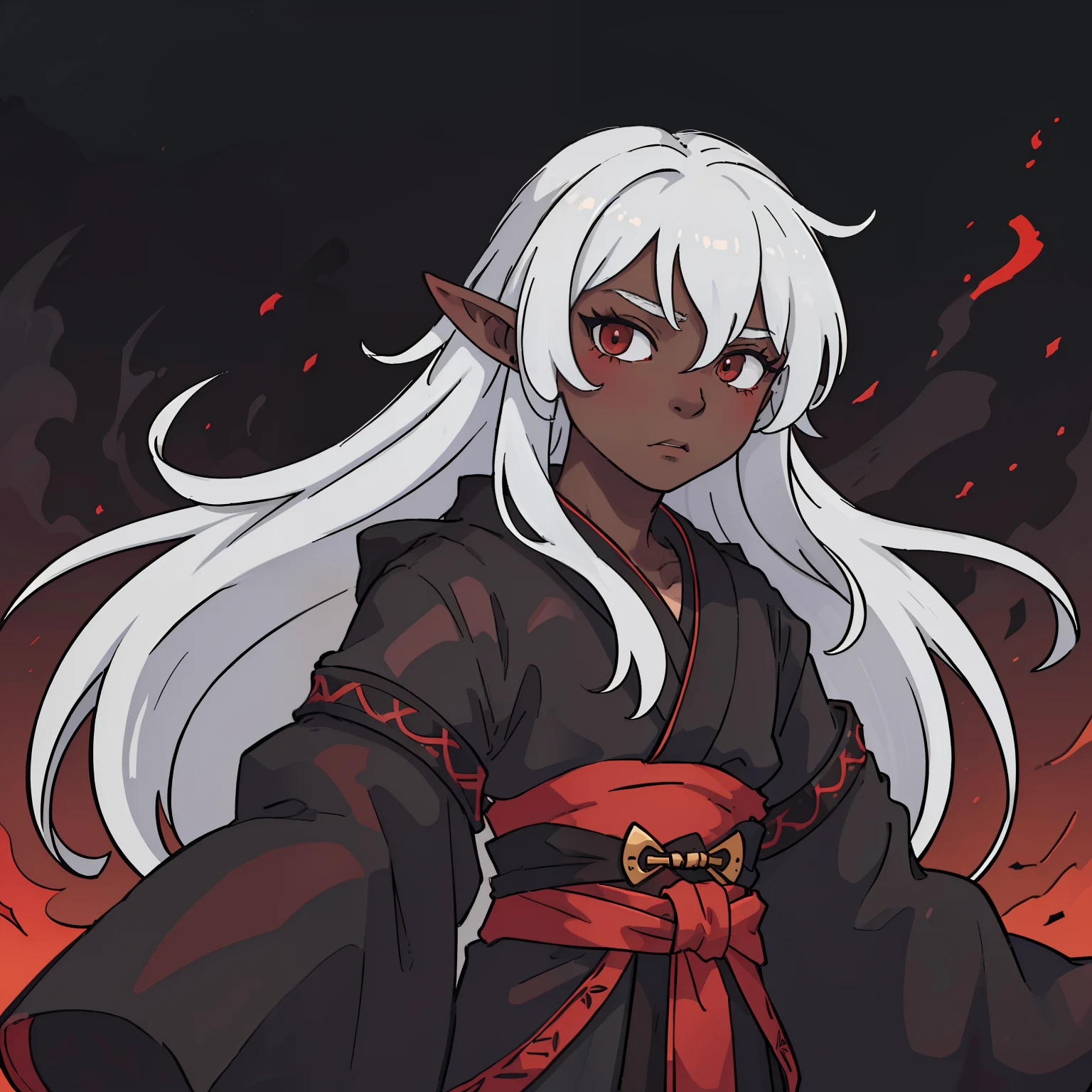 (1 boy), (young), (solo), white hair, messy hair, long hair, (dark skin), strong body, black kimono, red details in the black kimono, elf ears, ((high quality)), (very detailed)