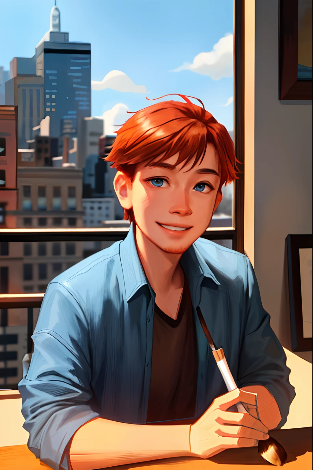 Sam Yang, 1 adult man, copper hair, blue eyes, short hair, looking at viewer, smiling, blue shirt, brown jacket, new york penthouse window background, holding a paintbrush, day, portrait, day, depth of field, solo, ((masterpiece))