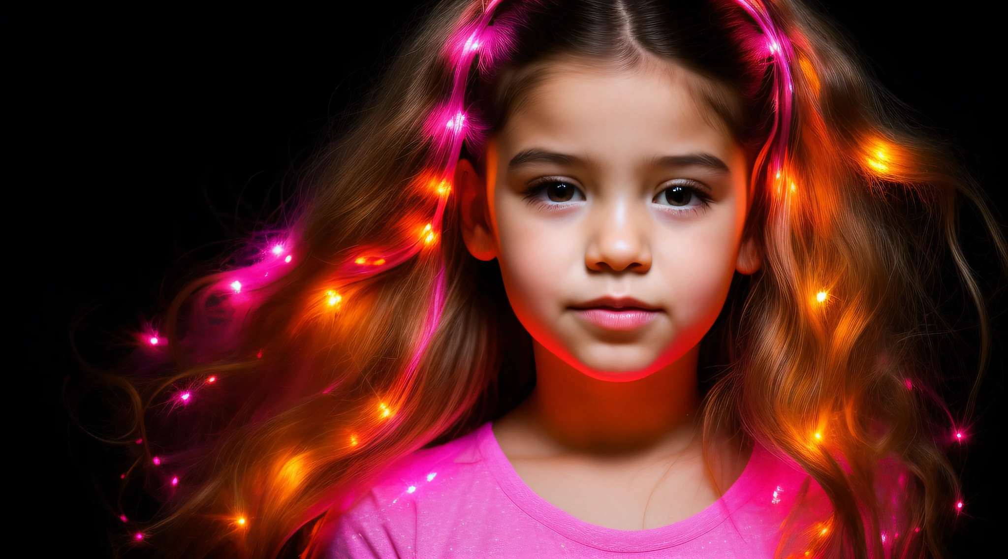 a closeup of a young CHILD with long hair and lights on her head, with magical powers, painting digital adorable, Directed by: Hristofor Zhefarovich, portrait of magical young girl, glowing flowing hair, magic lighting overlays, menina bonizes brilhantes! pintura digital, fiber optic hair, menina bonito, caeletrificados, flowing glowing hair