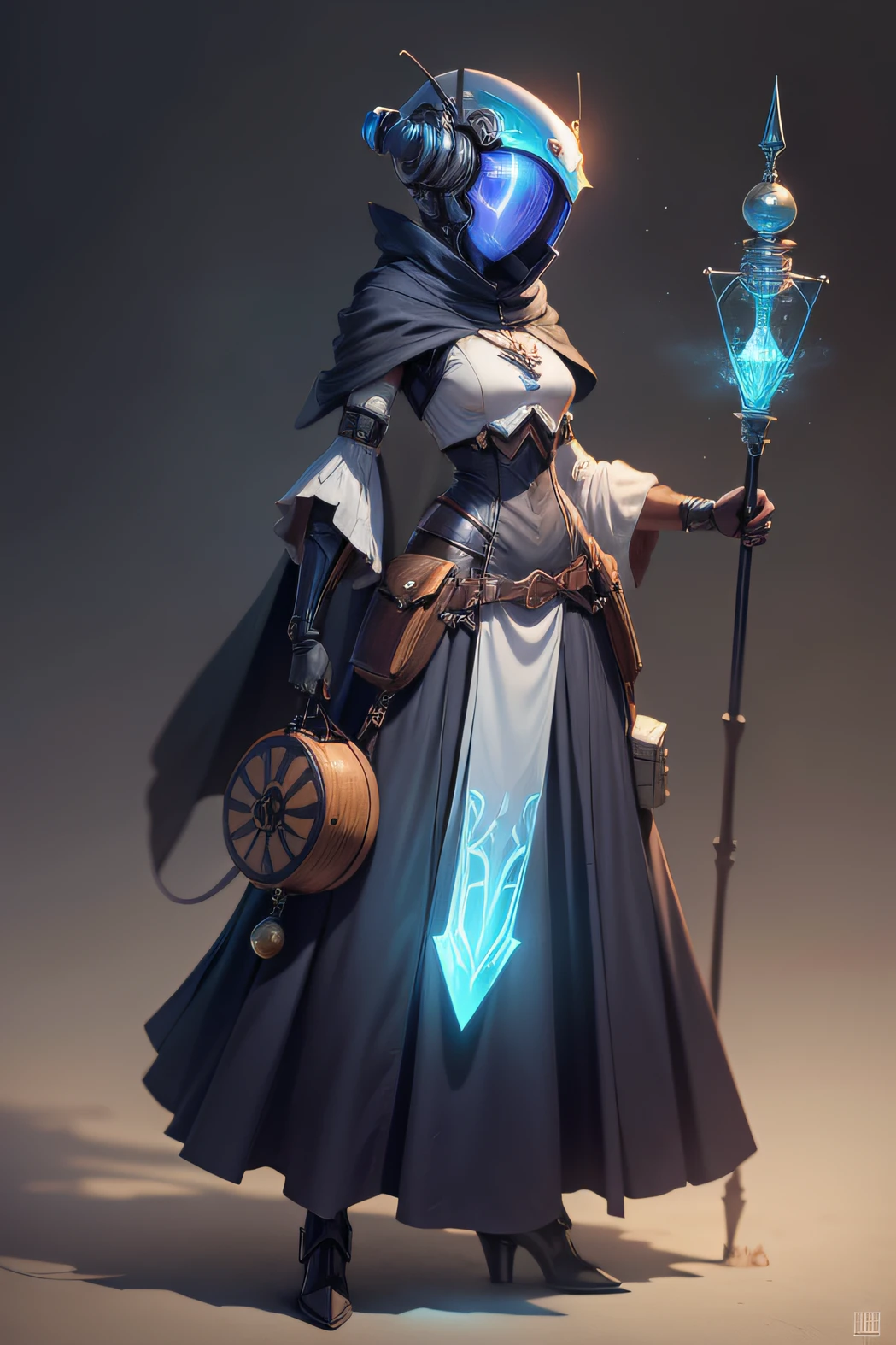 1 female character, full body shot, MOBA game, Sci fi theme, healer archetype, skinny body, insect features, robot-like, insect helmet, big magic staff, long skirt, (potions bag in hand)