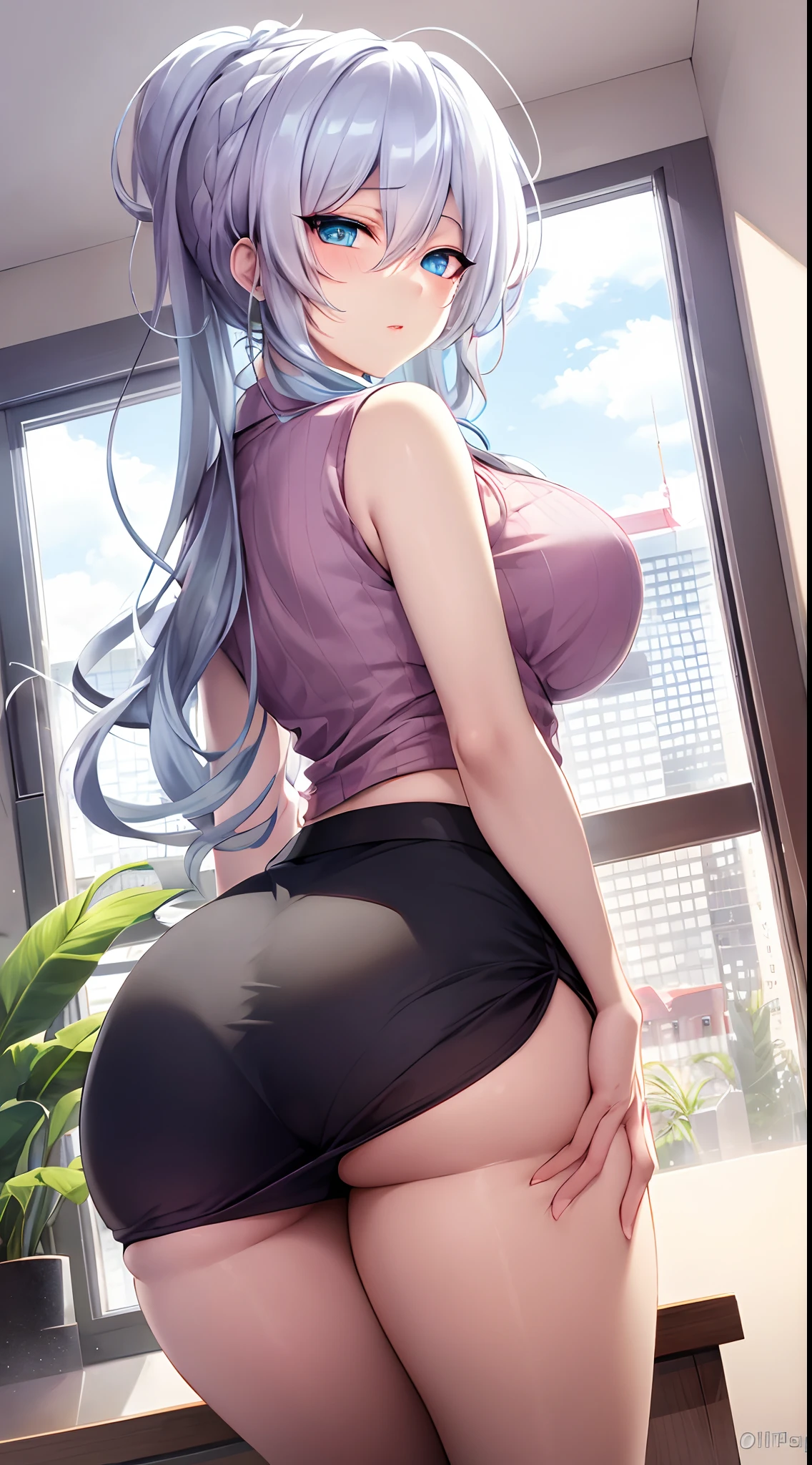 masterpiece, ultra-detailed hair, better lights, better shadows,1girl, yukino, breasts, skirt, silver hair, solo, long hair, large breasts, blue eyes, braid, ass, looking at viewer, braided ponytail, hair ornament, sleeveless, hair flower, black skirt, shirt, indoors, flower, looking back, bangs, bare shoulders, pencil skirt, from behind, window, thighs, mole under eye, sleeveless shirt, pink shirt, blush, bare arms, office lady, very long hair, plant, contemporary, parted lips, miniskirt, single braid, closed mouth, purple flower, pantylines, ribbed shirt,