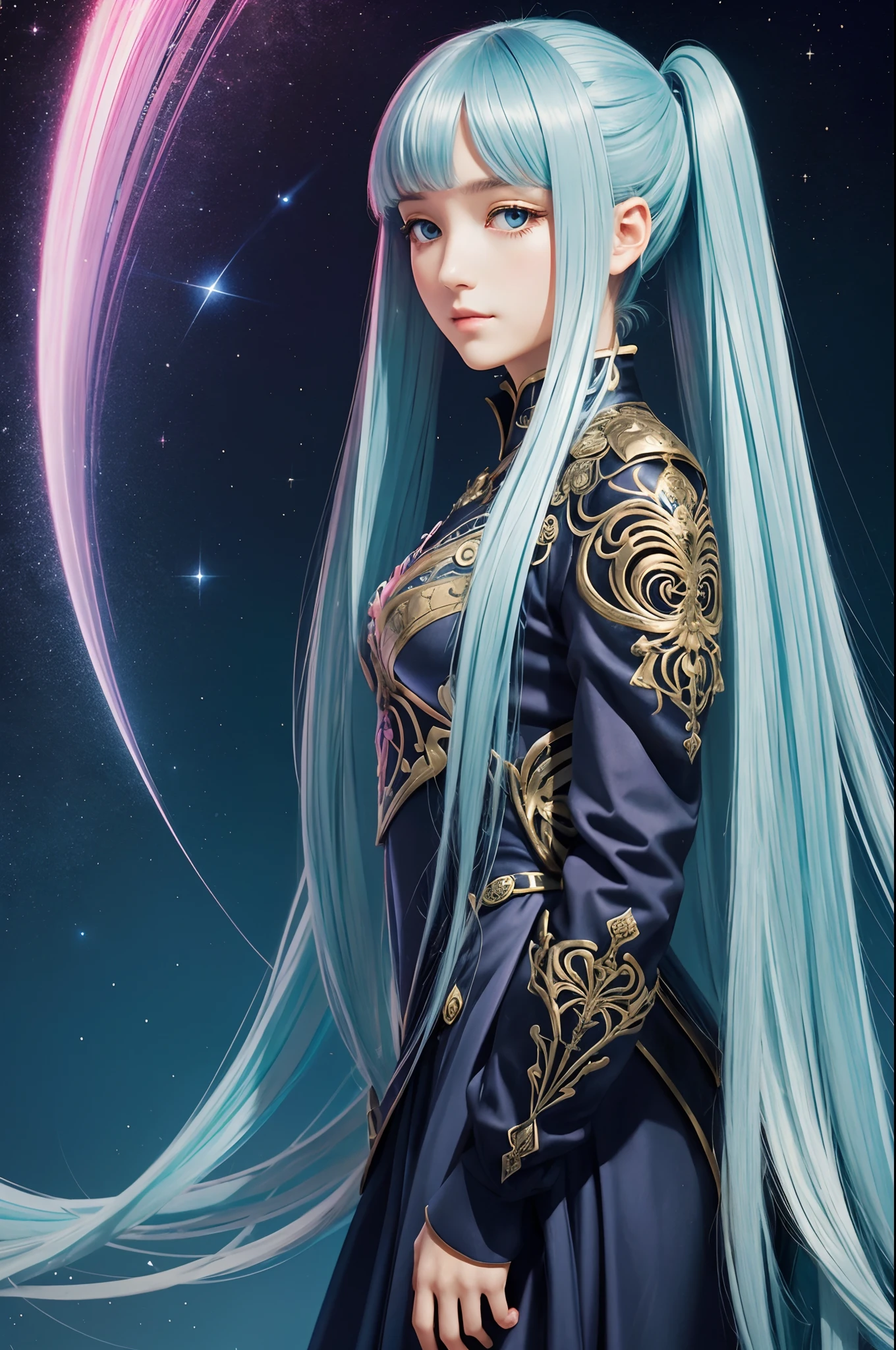 ((beste-Qualit)), ((tmasterpiece)), ((Realistic)), Ultra-detailed, Pandora, Twintails Medium Length Hairstyle, Perfect colorful gradient, Illustration Style Ernst Fuchs, —q 4 —s 750