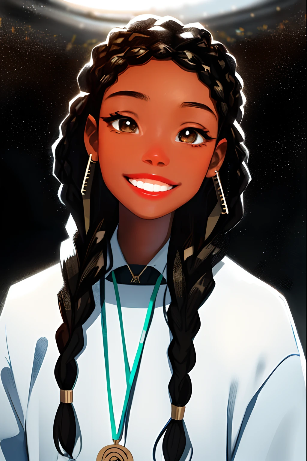 Sam Yang, 1girl, black girl, dark skin, black hair, middle lengh braids hair, brown eyes, in the middle of an ice rink, smiling, lips, jewelry, looking at viewer, medal, day, depth of field, ((masterpiece))