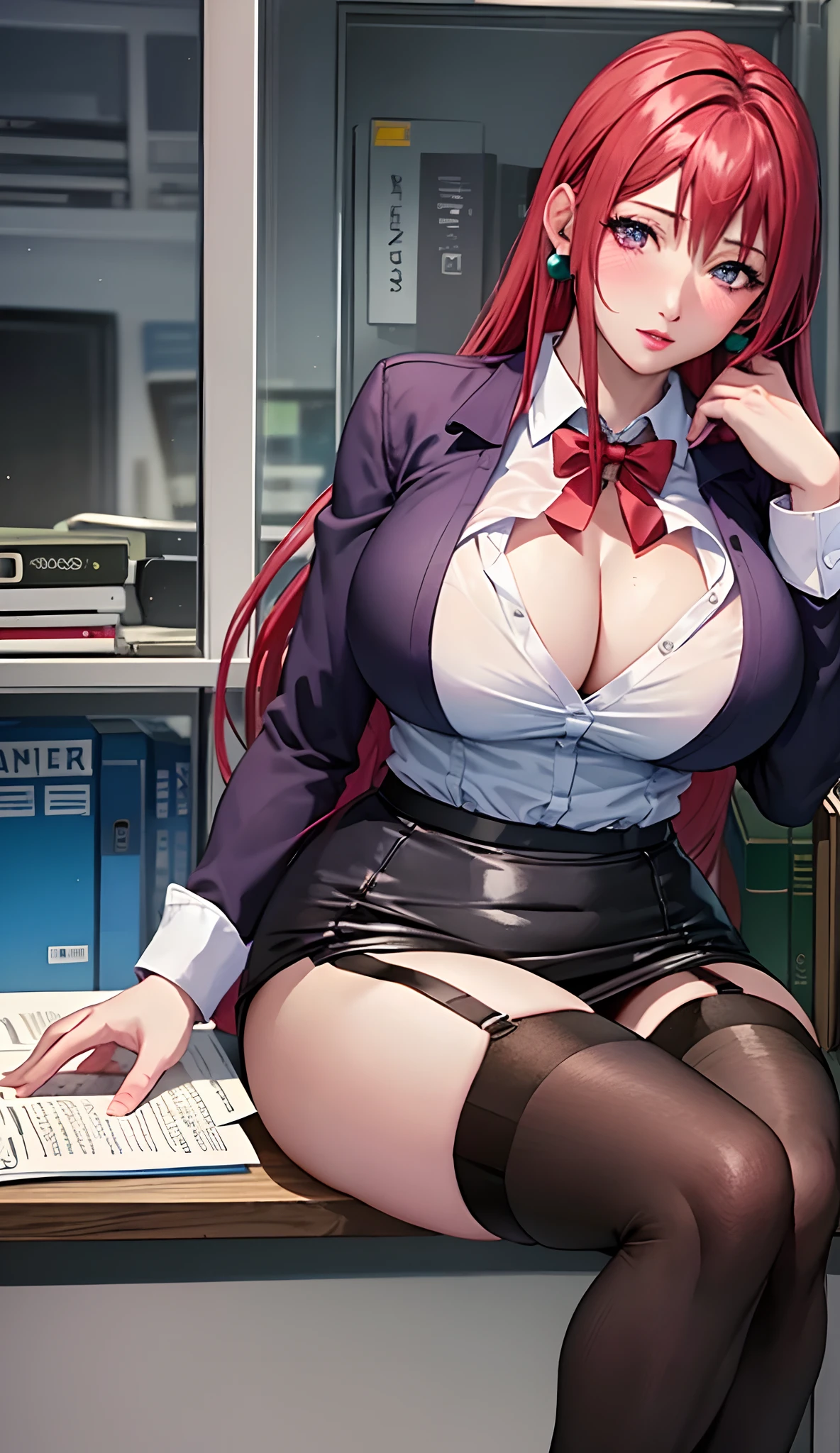 (Masterpiece, Best Quality, High Quality:1.4), professional artwork, Intricate Details, field of view, sharp focus, detailed painting, masterpiece, cinematic lighting, trending on pixiv, (vivid lighting, vibrant colors, by Nagasawa Rosetsu:1.05),
Hiroko Takashiro, (mature female, milf:1.1), solo, (curvy:1.1), sitting on an office desk with crossed legs, office, (full body shot:1.1),
(red hair:1.05), long hair, lipstick, makeup, ultra detail hair, ultra detail face, (purple eyes:1.05), perfect eyes, perfect face, earrings, (confused, blush:1.2),
shirt, jacket, (black thighhighs, garter belt:1.1), zettai ryouiki, pencil skirt, office uniform, highheels,
(Large Breasts:1.1), Cleavage, big ass, thighs,
