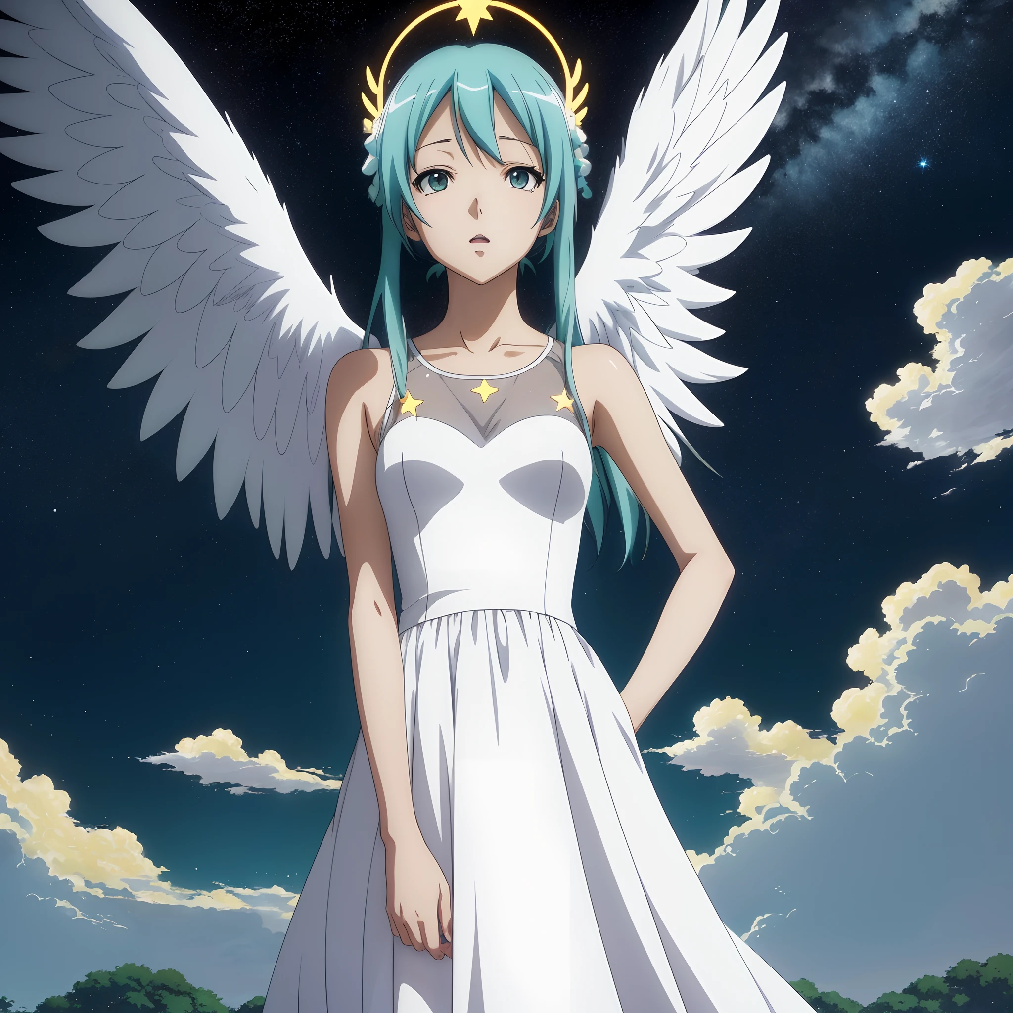 (anime coloring, anime screencap, ghibli, mappa, anime style), 1girl, hatsune miku, white gown, angel, angel wings, golden halo, dark background, upper body, (closed mouth:1.2), looking at viewer, arms behind back, blue theme, stars, starry night