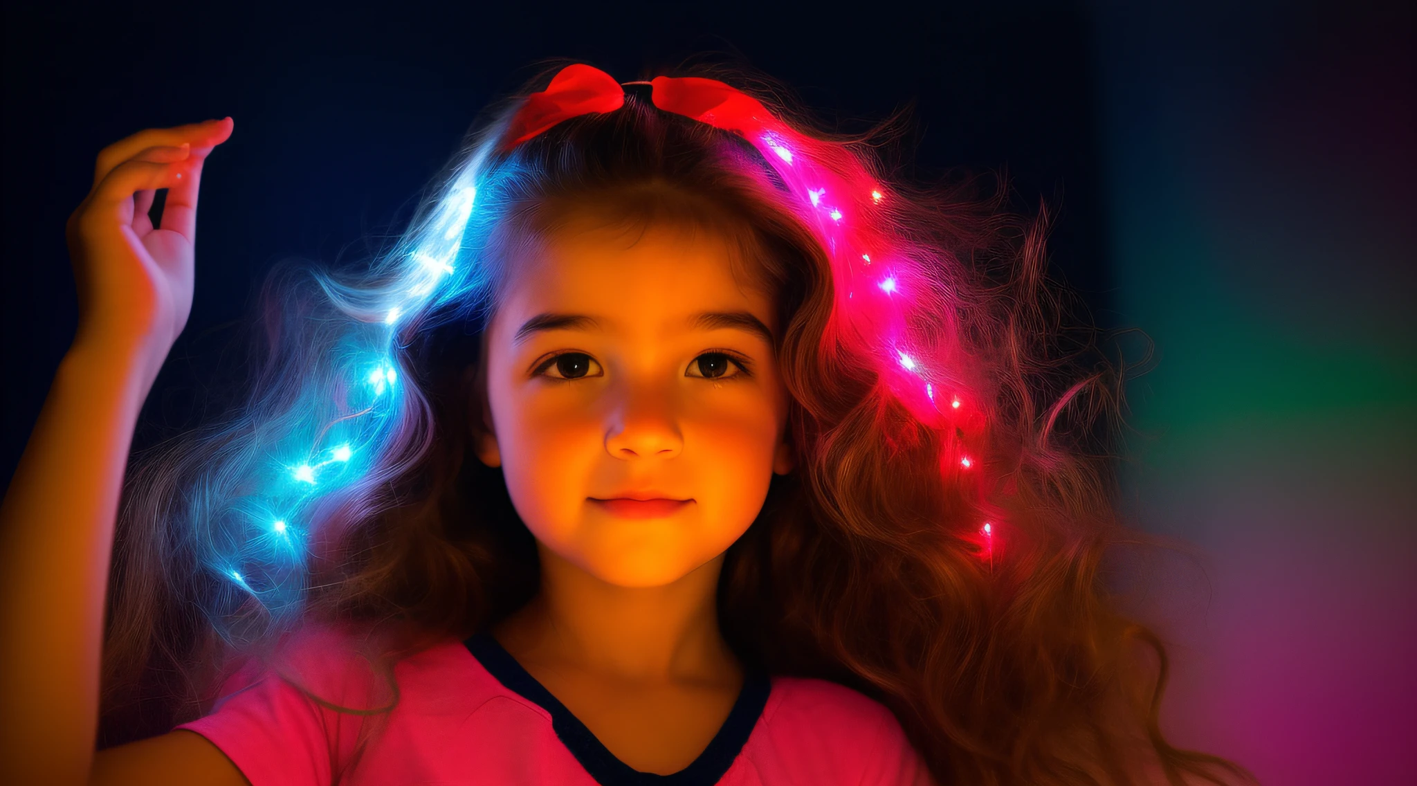 A closeup of a with long hair and lights on his head, littl with magical powers, painting digital adorable, Directed by: Hristofor Zhefarovich, portrait of magical young girl, glowing flowing hair, magic lighting overlays, menina bonita, luzes brilhantes! Pintura digital, fiber optic hair, menina bonito, cabelos eletrificados, flowing glowing hair
