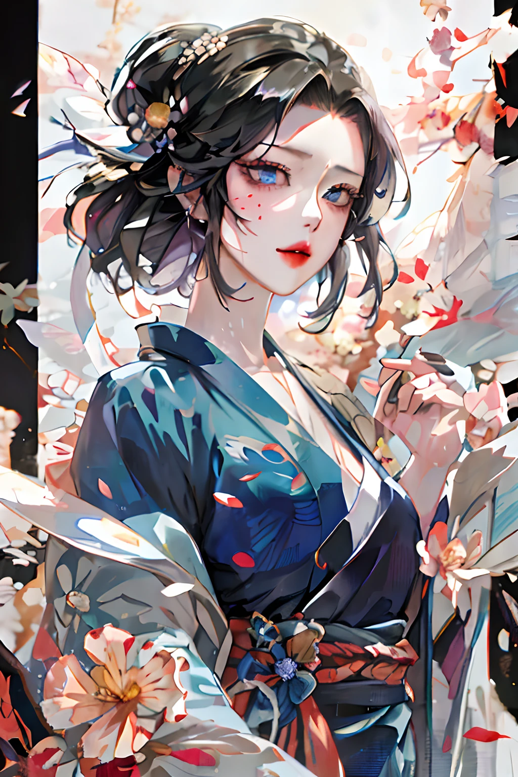 Anime girl with blue eyes and black hair flowers, digital anime illustration, Detailed Digital Anime Art, guweiz on pixiv artstation, anime style 4 k, anime art wallpaper 4k, anime art wallpaper 4k, Anime art wallpaper 8k, digital anime art, Beautiful Anime Portrait, guweiz on artstation pixiv、red kimono、Big piercings、Fancy Necklaces