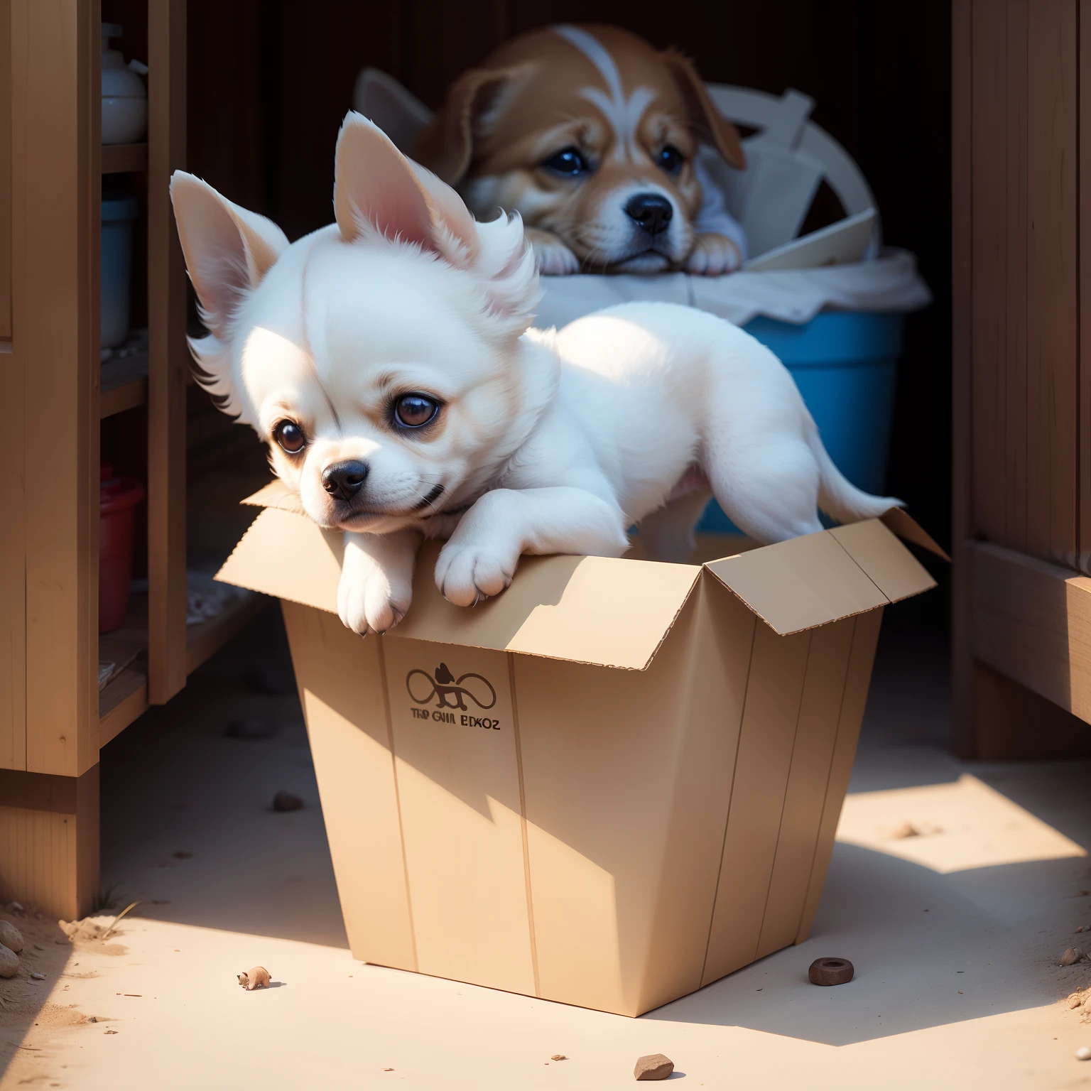 "Um cachorro pequeno no lixo, Realistic, perfect anatomy of the small dog, white dog, maximum details"