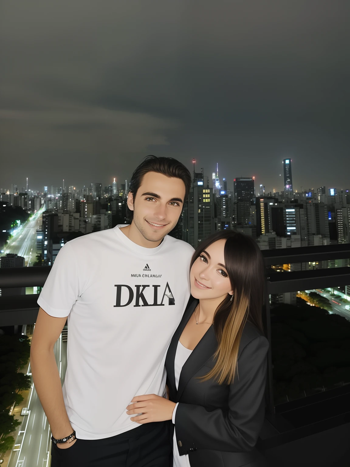 They are posing for a photo in front of a cityscape, In Sao Paulo, on rooftop tokyo night, Cidade em segundo plano, na cobertura, nigth, São Paulo, com uma cidade em segundo plano, on future tokyo night rooftop, cidade em segundo plano