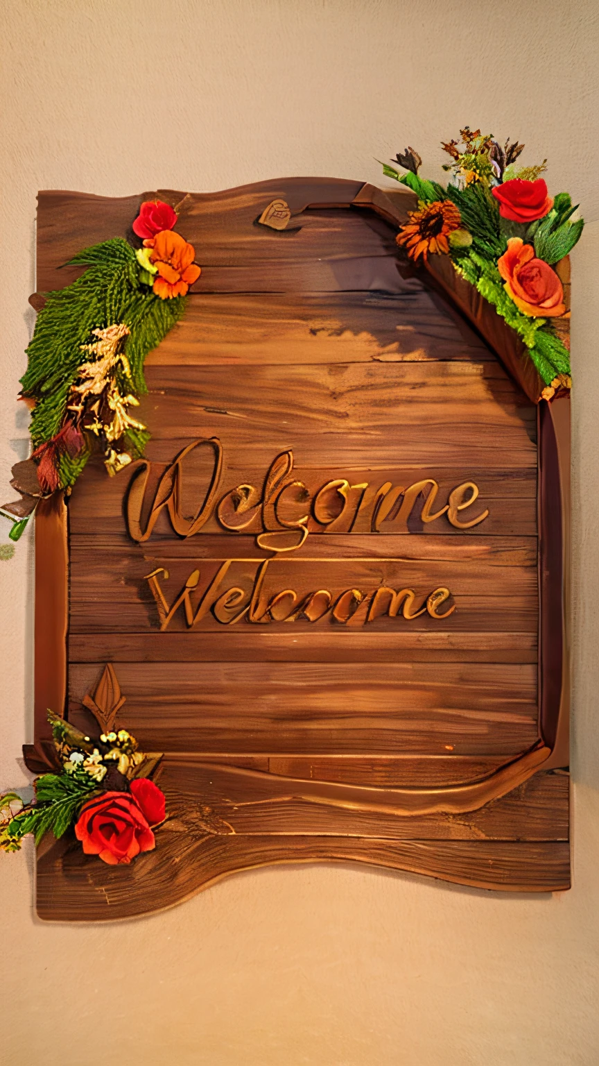 There is a wooden sign with a welcome sign and flowers, Bem-vindo, acolhedor, wooden decoration, atitude acolhedora, SINAL, com madeira detalhada, sorriso de boas-vindas, de madeira, com texto, enjoyable, imagem de alta qualidade, signboards, sorriso de boas-vindas, version 3, uma madeira, novo deSINAL, alta qualidade 3d realista, decoration, feito de madeira!!!!!, entrada