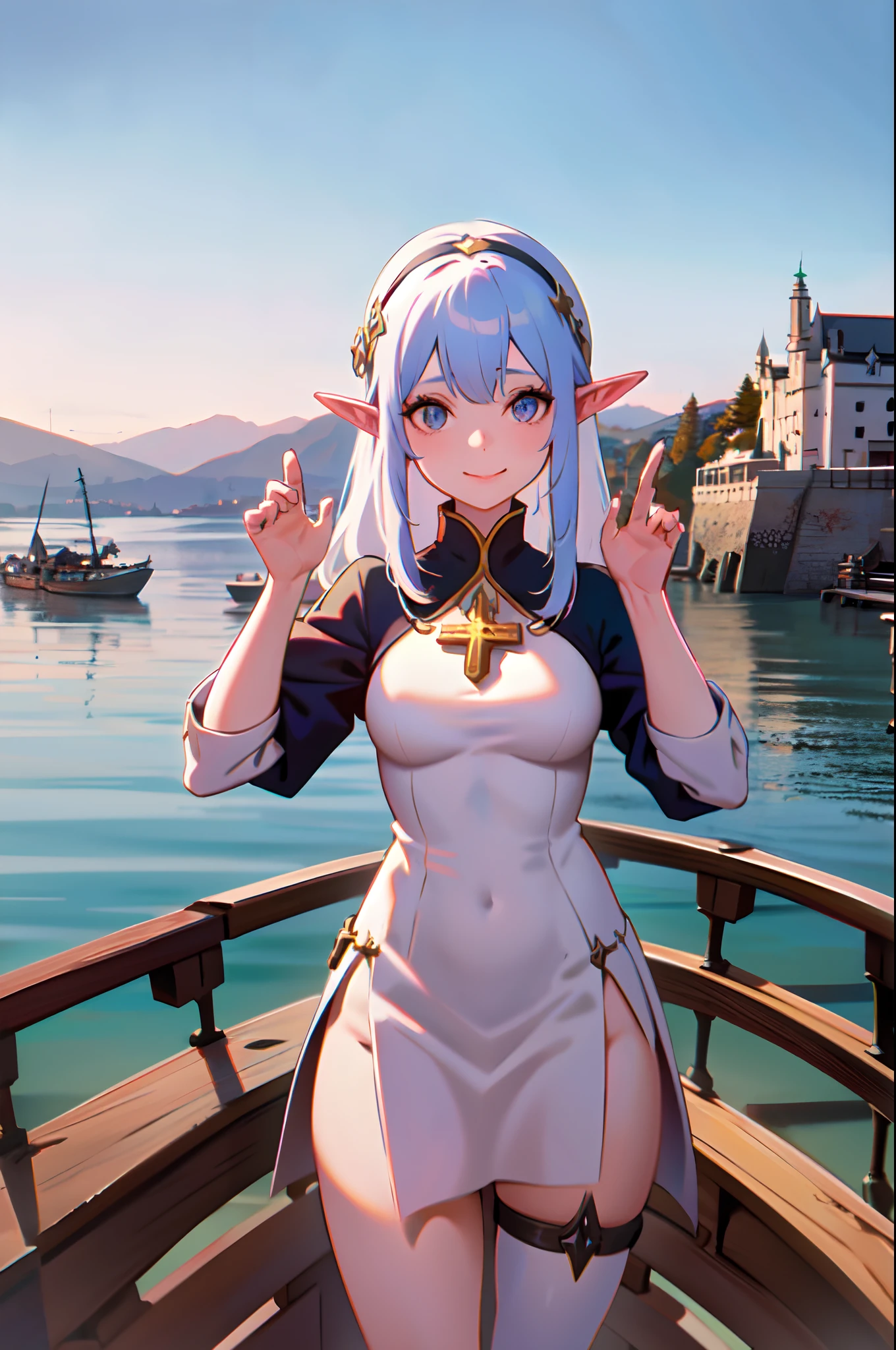 elf girl at the pier, (high fantasy, medieval:1.4), feudal society, lake town, waterfront, wooden boats, upper body, hands up