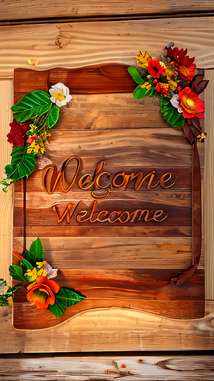 There is a wooden sign with a welcome sign and flowers, Bem-vindo, acolhedor, wooden decoration, atitude acolhedora, SINAL, com madeira detalhada, sorriso de boas-vindas, de madeira, com texto, enjoyable, imagem de alta qualidade, signboards, sorriso de boas-vindas, version 3, uma madeira, novo deSINAL, alta qualidade 3d realista, decoration, feito de madeira!!!!!, entrada